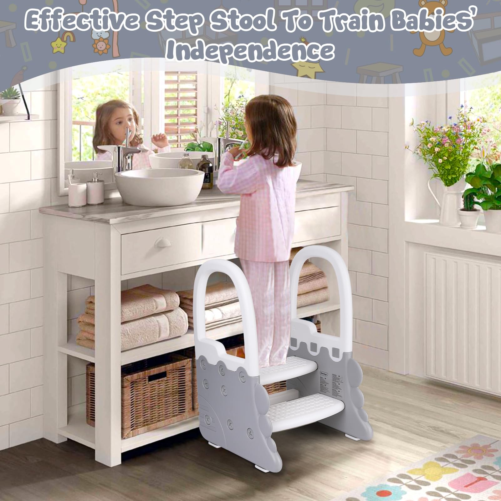 GarveeHome Torre di apprendimento 2 gradini per bambini con corrimano - sgabello per bagno e cucina, base larga anti-ribaltamento, plastica ABS atossica, portata 118 kg, 41,6x41,1x66 cm