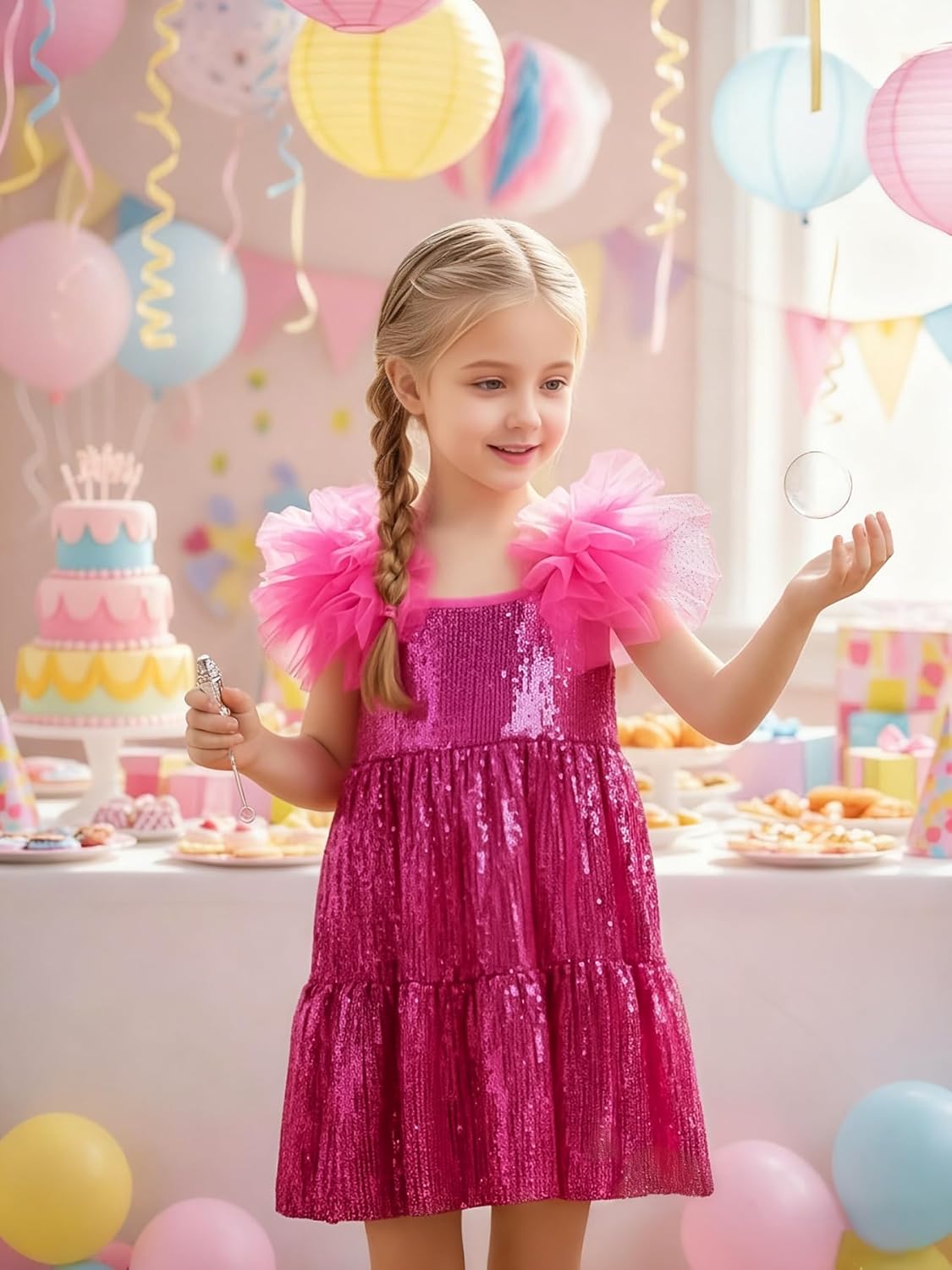 Tutu.kk Toddler Girls Sequin Dress with Fluffy Tulle Cuff Formal Pageant Flower Girl Party Birthday Dress - Image 2