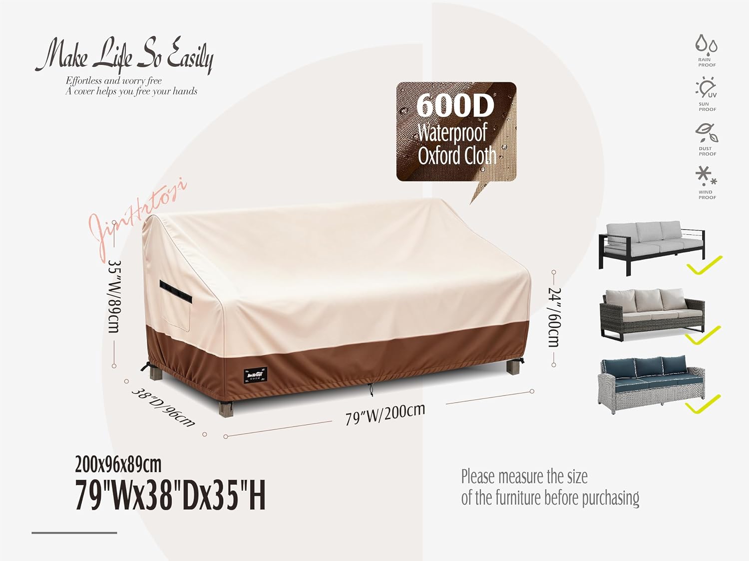 JinHrtoyi 3-Seater Outdoor Couch Cover, 79Wx38Dx35H inches Outdoor Furniture Covers Waterproof,100% Waterproof Heavy Duty Patio Furniture Covers,Beige&Brown Modern Style Outdoor Sofa Cover image 2