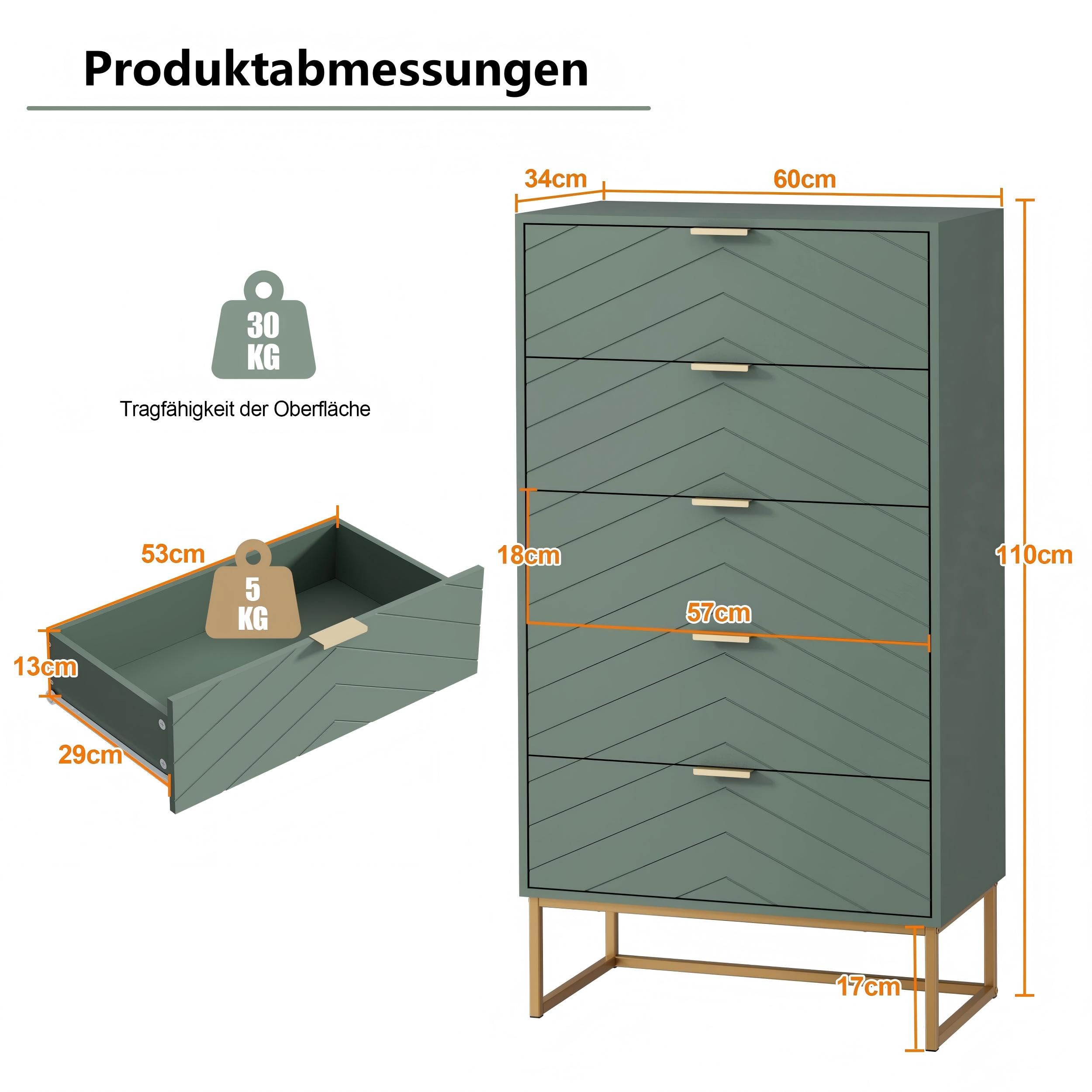 UEV Kommode mit 5 Schubladen Schrank Holz mit Kippsicherung Metallfuß Highboard Sideboard Schmal kommode Beistellschrank für Wohnzimmer Schlafzimmer,Flur 60x34x110cm (grün)