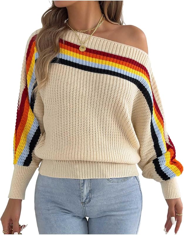 Off The Shoulder Sweaters Women Rainbow Striped Pullover