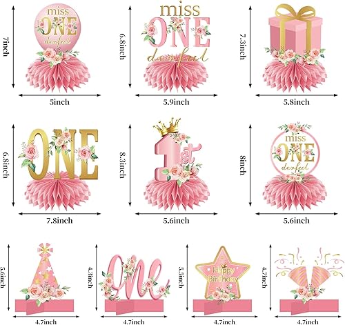 Miniatura 2 de 10 piezas de decoración de cumpleaños de Miss Onederful, centros de mesa de panal para niñas bebés, color oro rosa y oro rosa para primer
