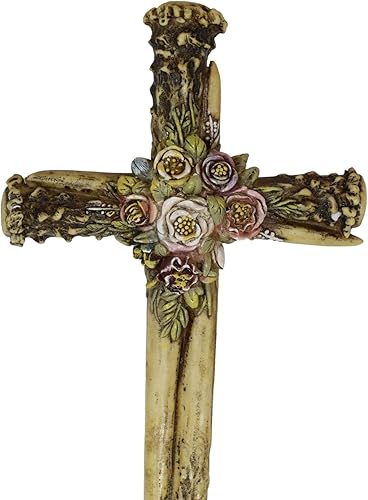 Miniatura 3 de Ebros Gift 10 pulgadas de alto, rústico, ciervo, ciervo, cuernos de hueso de ciervo con centro de rebabas y flores florales, decoración de cruz