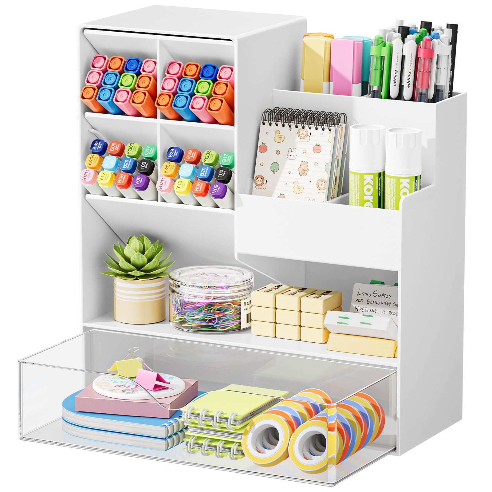 Marbrasse Plastic Pen Holder for Desk, Multi-Functional Desk Organizer Pencil Holder with Drawer, Desk Organizers and Accessories for Office Art Supplies(White)