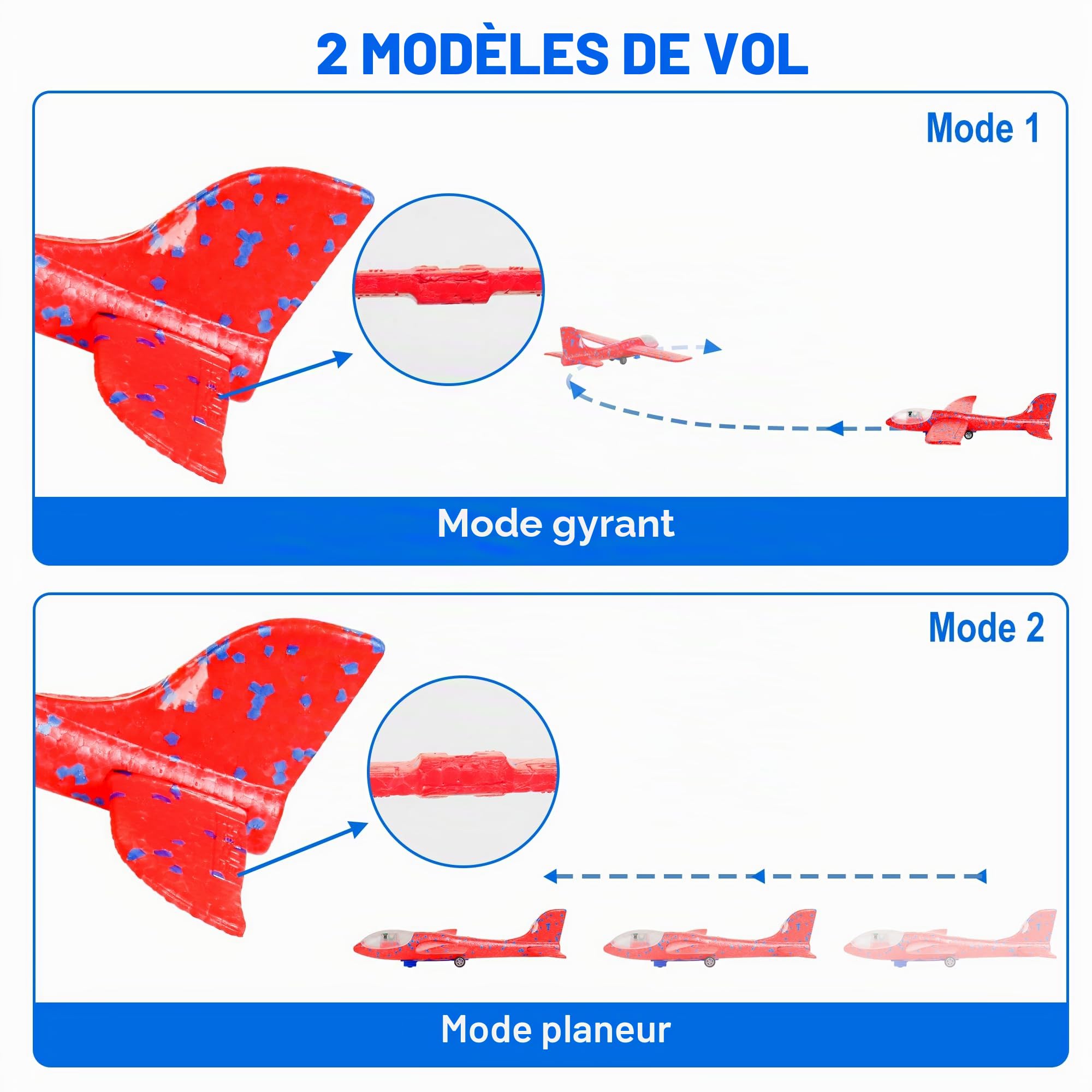 3 Avions Planeurs Enfant, Avion Jouet en Mousse avec LED & Lanceur, Planeur Extérieur Jusqu’à 15m, Jouet Enfant 3-12 Ans, Cadeau Garçon Fille