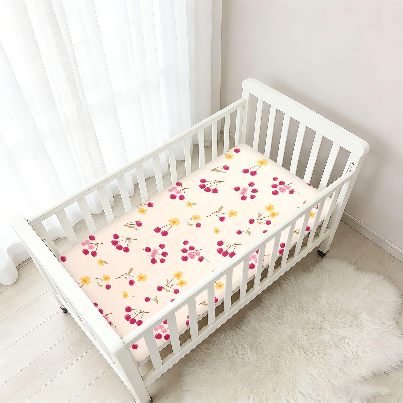 Sábanas para cuna de bebé de algodón con diseño de dibujos animados Sundown Cherry Ivory para bebé, suave y elástica, para decoración de guardería, 1 paquete de sabanas para cuna
