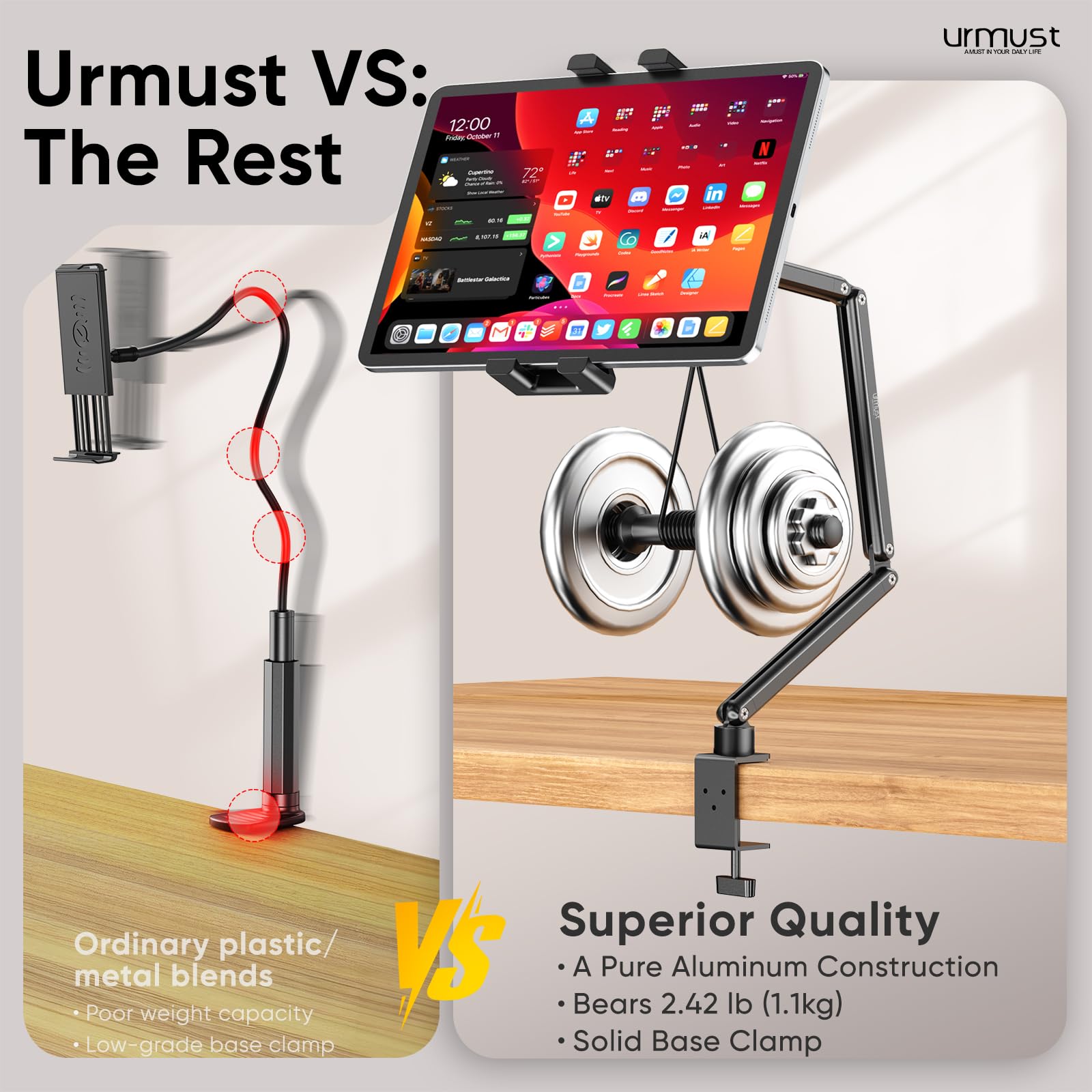 Urmust Tablet Halterung Höhenverstellbarer Aluminium Tablet Armhalterung mit 360° drehbarer Metallbasis, iPad Halterung Tisch kompatibel mit iPad Galaxy Tab Kindle & Monitor Halterung von 4.7" - 15.6"