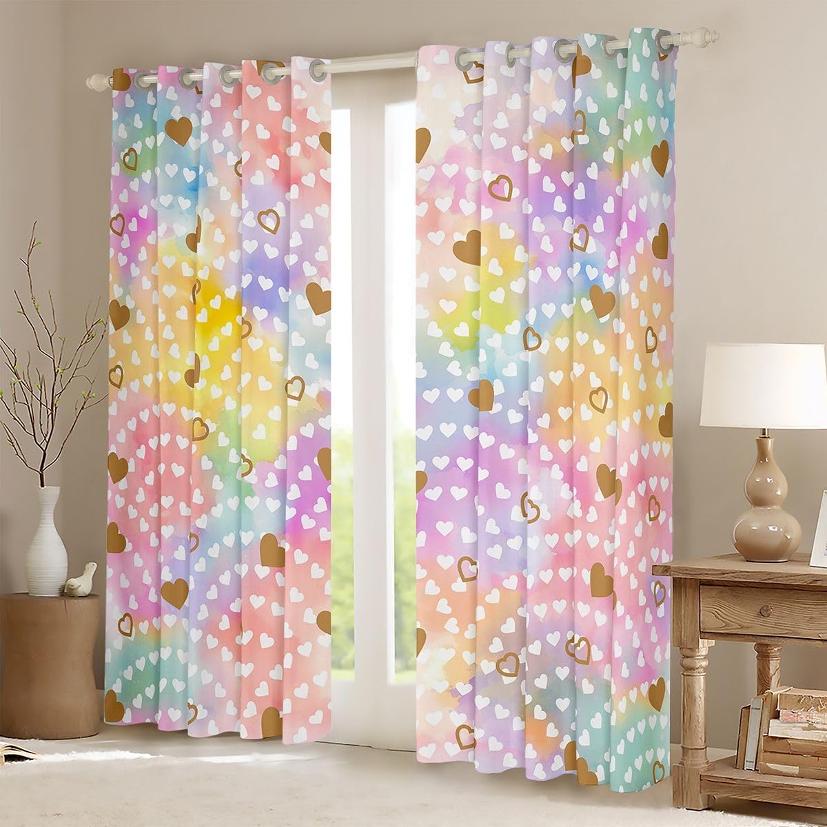Erosebridal Rainbow Hearts Window Curtain 2 Panels,38"x45" Gold Heart 100% Blackout Curtains for Living Room Lounge Room Valentine Love Geometric Curtains & Drapes Love Heart Window Treatments