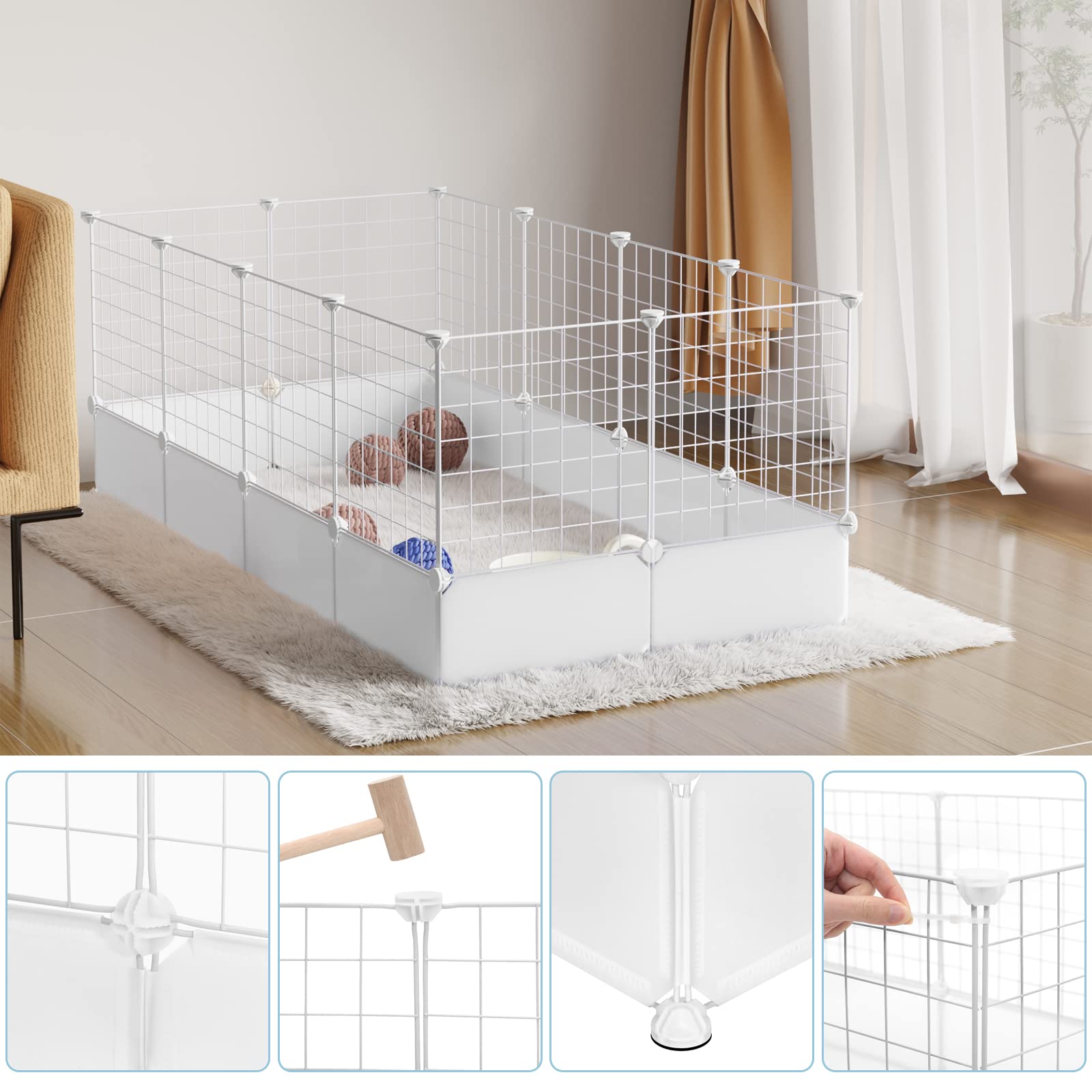 EUGAD Enclos pour Petits Animaux avec Fond, Enclos Lapin Modulable et Extensible,Enclo Lapin Interieur pour Petits Animaux,Furets,Hérissons,Chiots 142x71x53cm