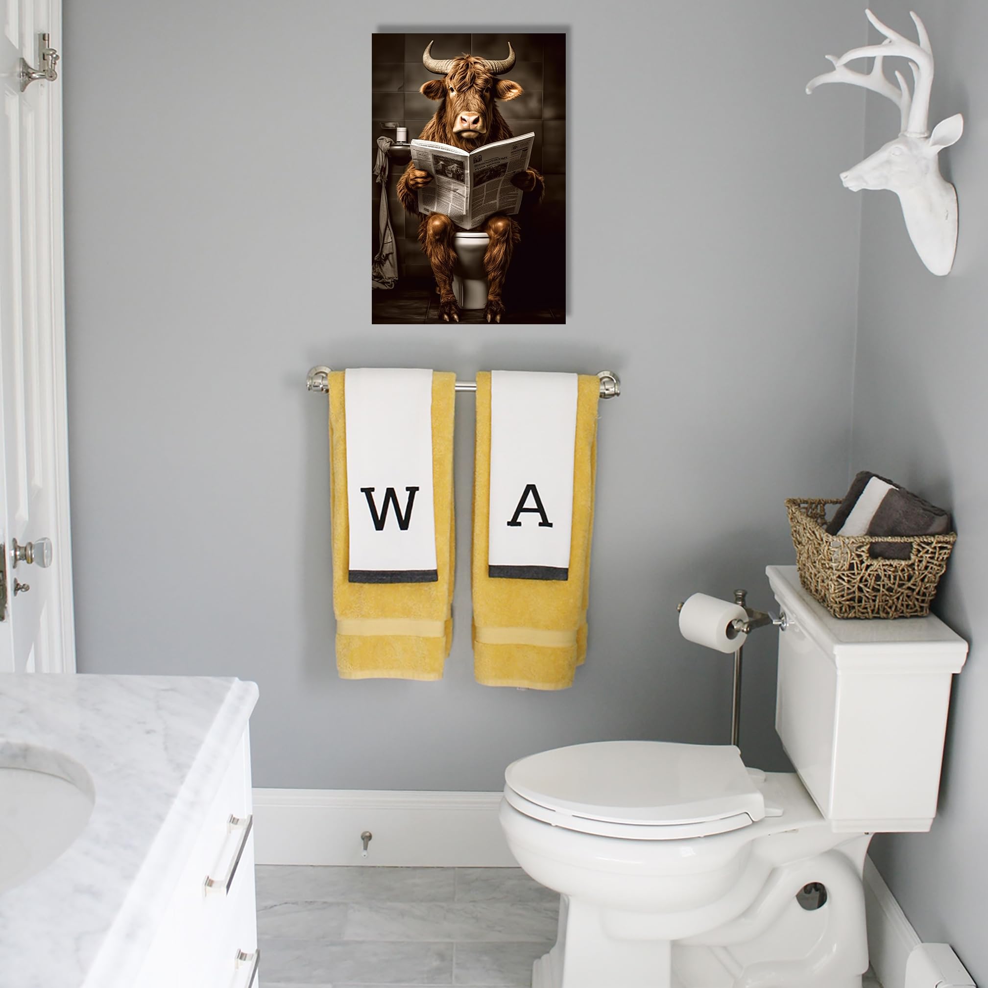 LZIMU Bathroom Cow Wall Art Brown Cattle Sitting on Toilet Reading Newspaper Canvas Prints Funny Animals Posters Home Decor Framed (Bathroom-4 - Image 4