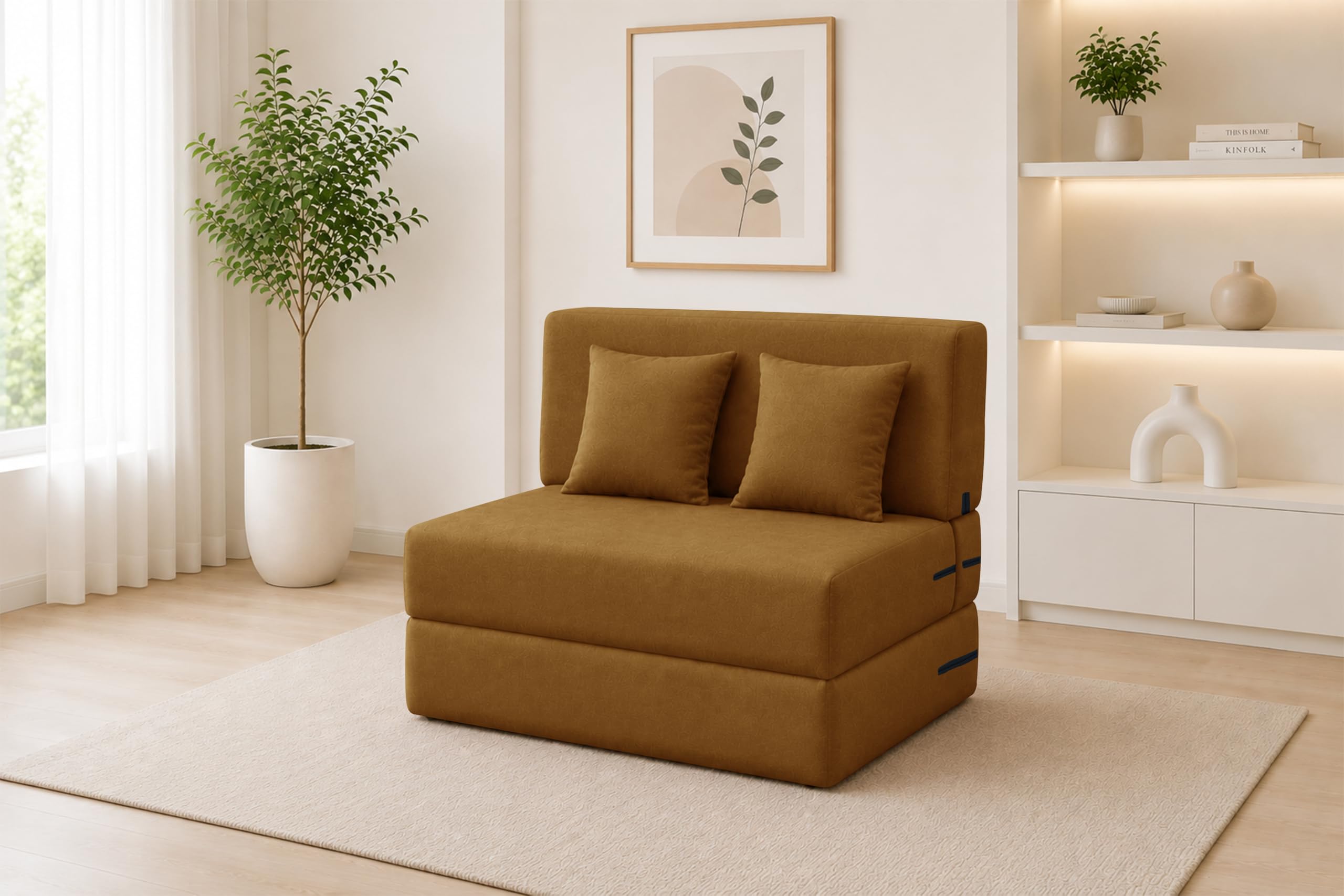 Los Angeles Foldable One Seater Sofa Cum Bed, Sofa Bed 3 X 6 Feet Jute Fabric Washable Cover- Including 1 Cushion Perfect for Living Room & Office Guest Room - Golden Color-image-47