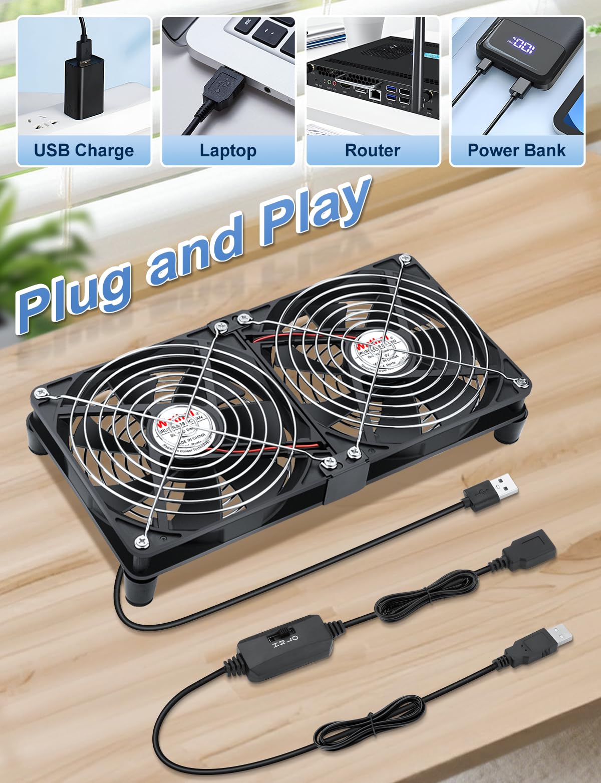 Wathai Lot de 2 ventilateurs USB 140 mm - Double ventilateur de boîtier PC 2 en 1 - 5 V - Avec 3 vitesses - Ventilateur USB silencieux pour ordinateur portable, PS4, routeur, TV Box, armoire AV, PC de