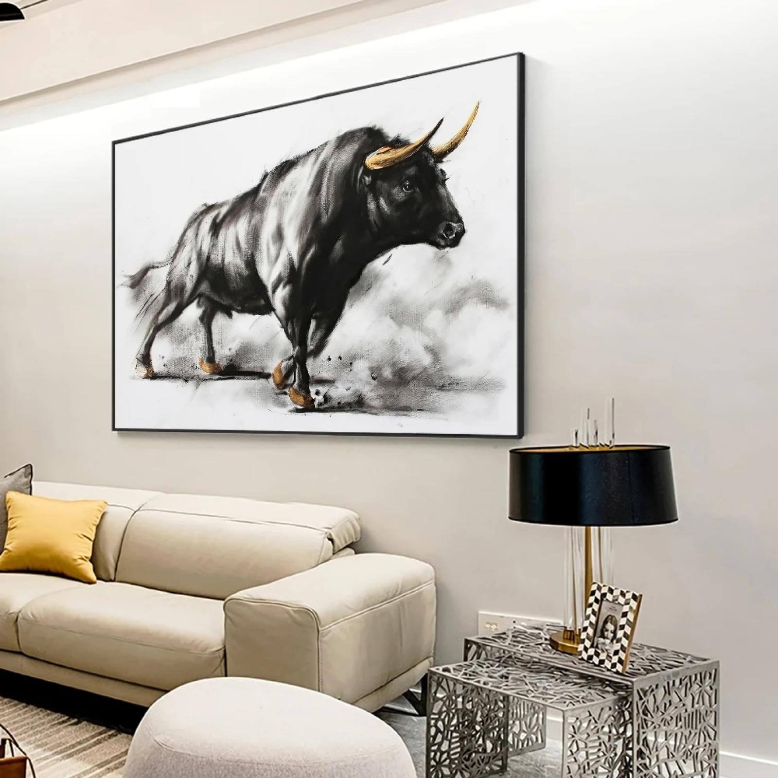 KQZVCU Pintura de toro negro, pintura artística en lienzo de corrida de toros, carteles e impresiones de animales, arte de pared para decoración de sala de estar, 50x70cm con marco