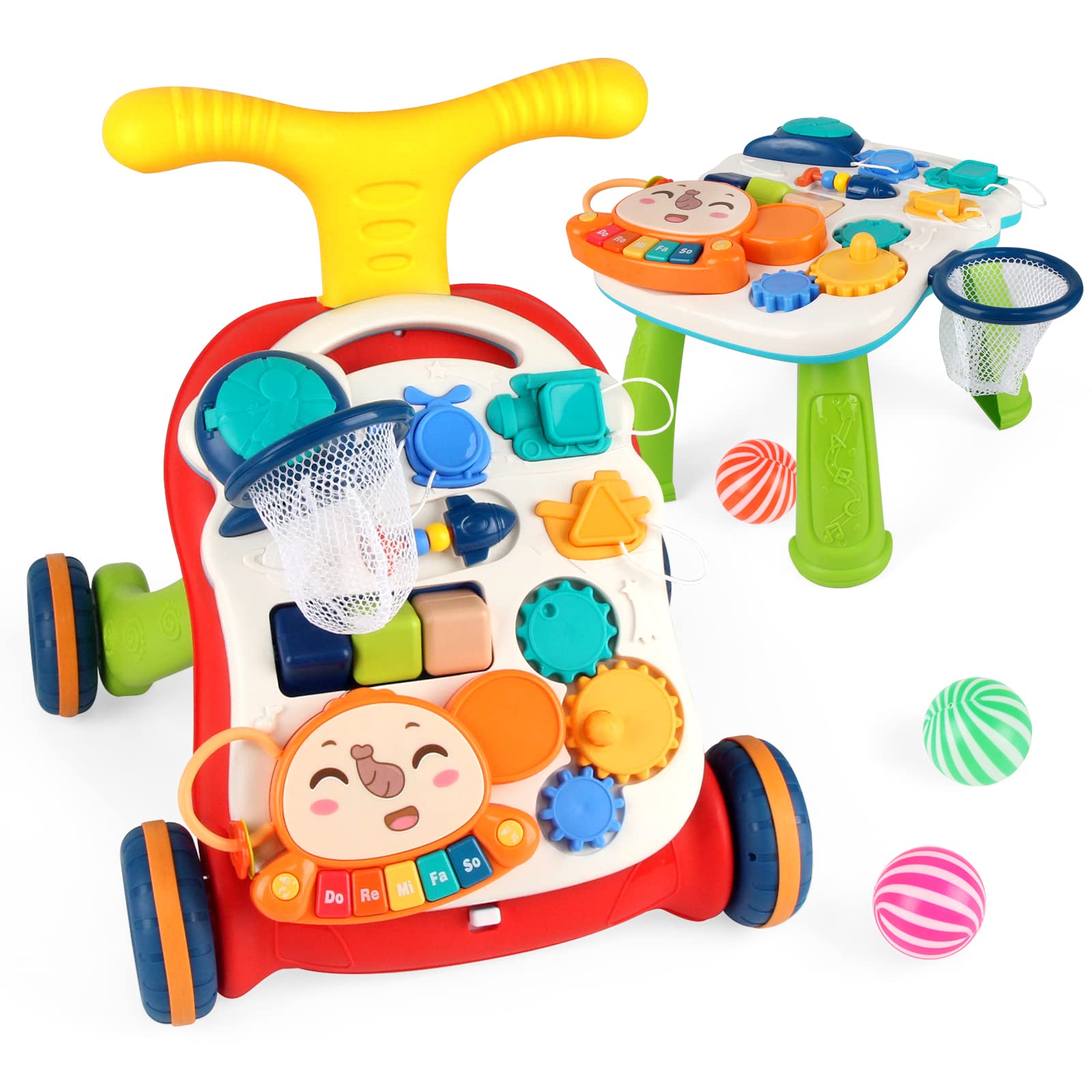 JoyfiaSit-to-Stand Learning Walker, Baby Walker with Musical Play Table and Activity Center, 3 in 1 Push & Pull Baby Walking Toy, Early Educational Toy Gift for Kids Infants Boys Girls