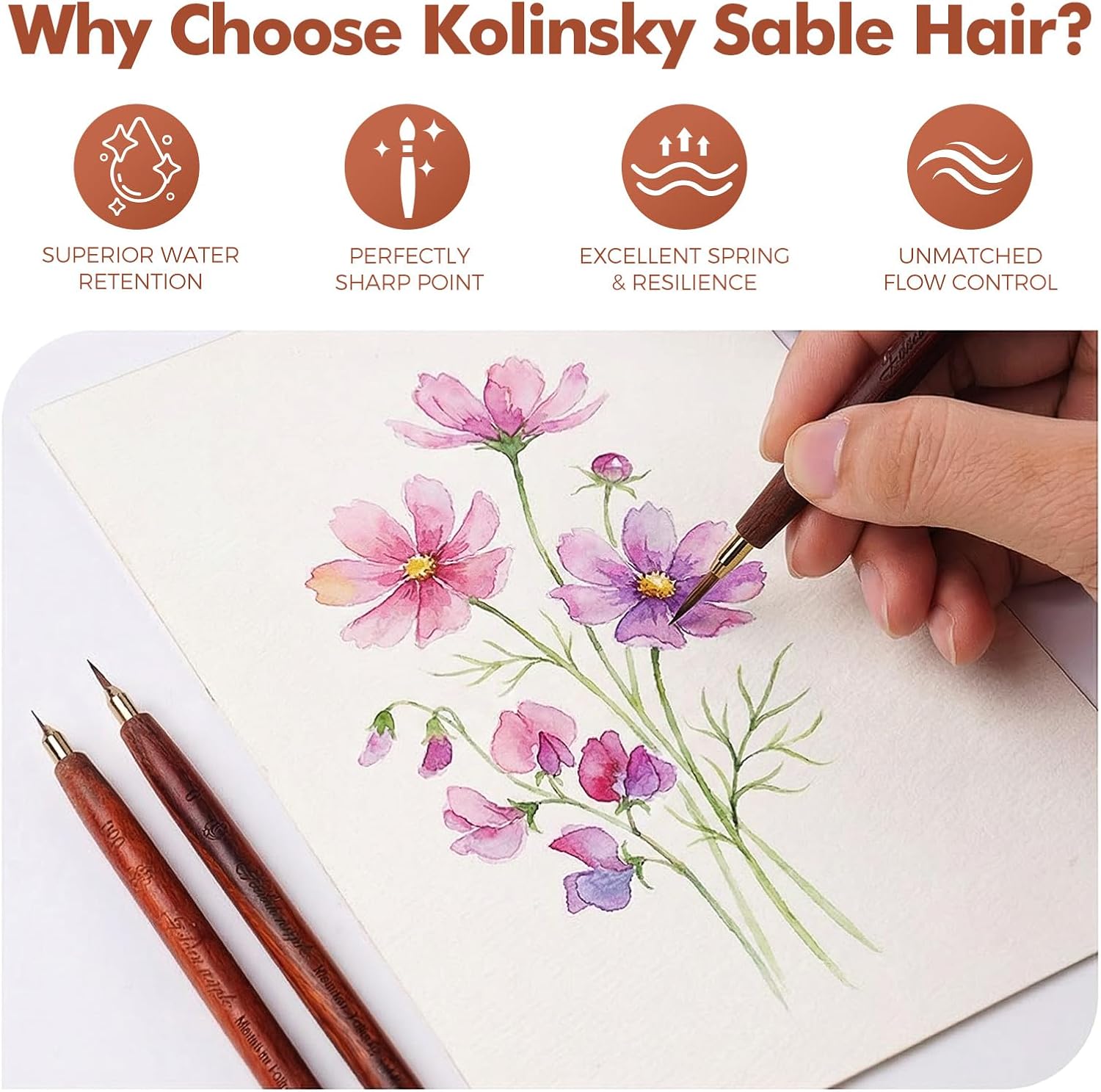 Golden Maple Kolinsky Sable Brushes, 3PCS Fine Point Watercolor Brushes, Professional Model Miniature Paint Brushes Suitable for Watercolor, Gouache, Tempera, Acrylic, Figure Painting, Size #3/0#0#2