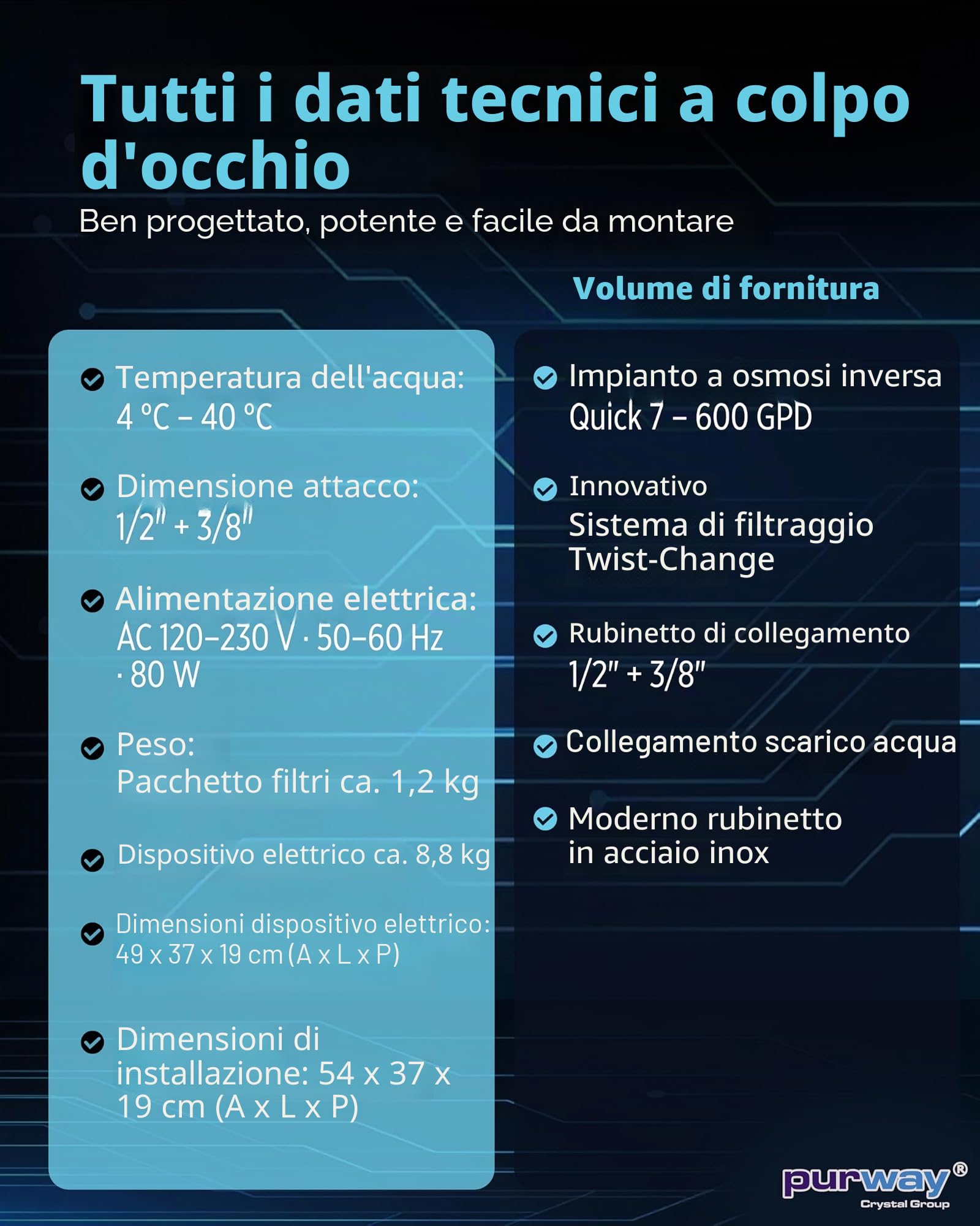 PUR Booster Quick 7 600GPD - Impianto a osmosi inversa, 7 livelli, flusso diretto, senza serbatoio