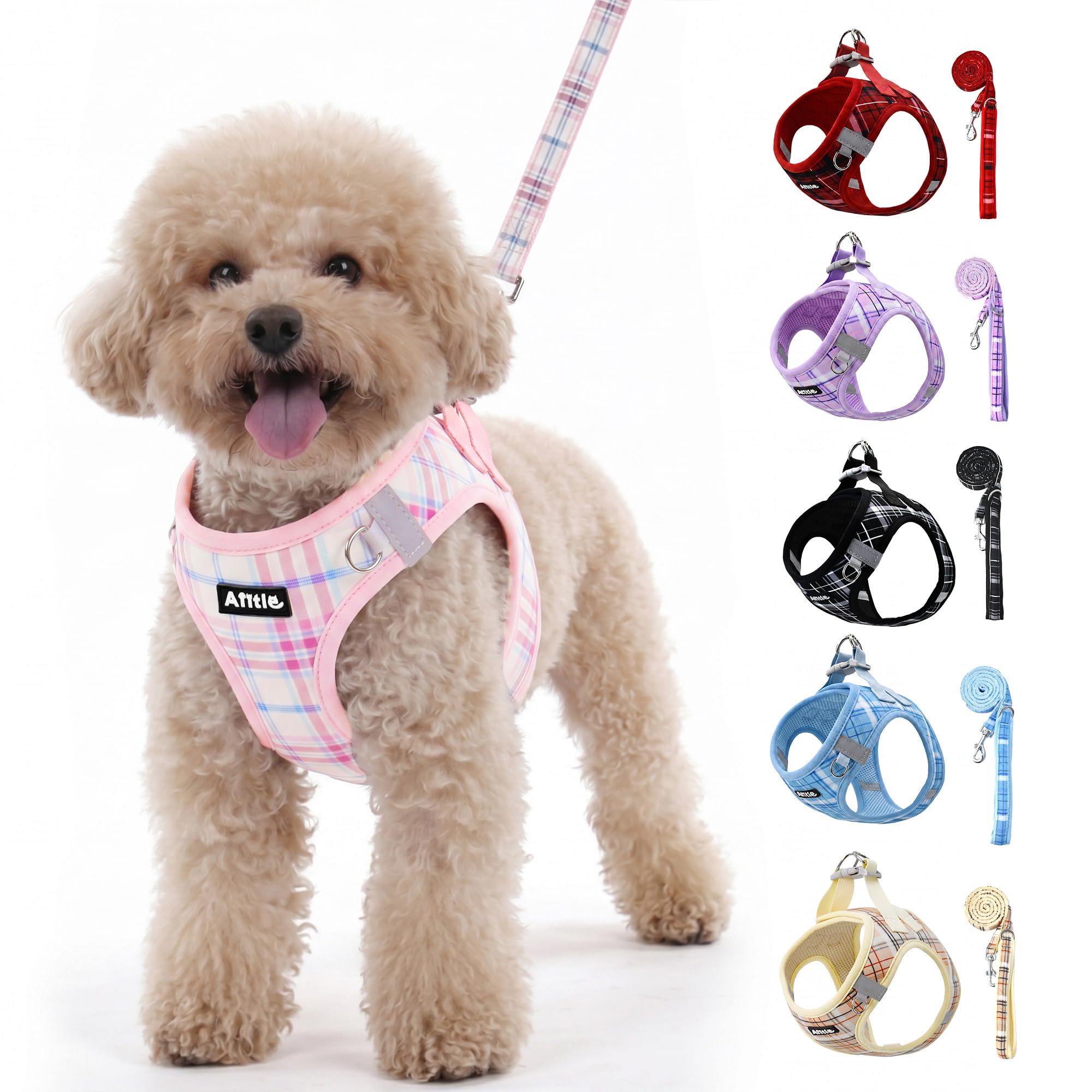 AIITLE No Pull Dog Harness and Leash Set, Step in Easy Fit Reflective Vest Harness for Small Medium Dogs, Adjustable Choke Free Plaid Harness for Walking, Jogging, Training, Pink M