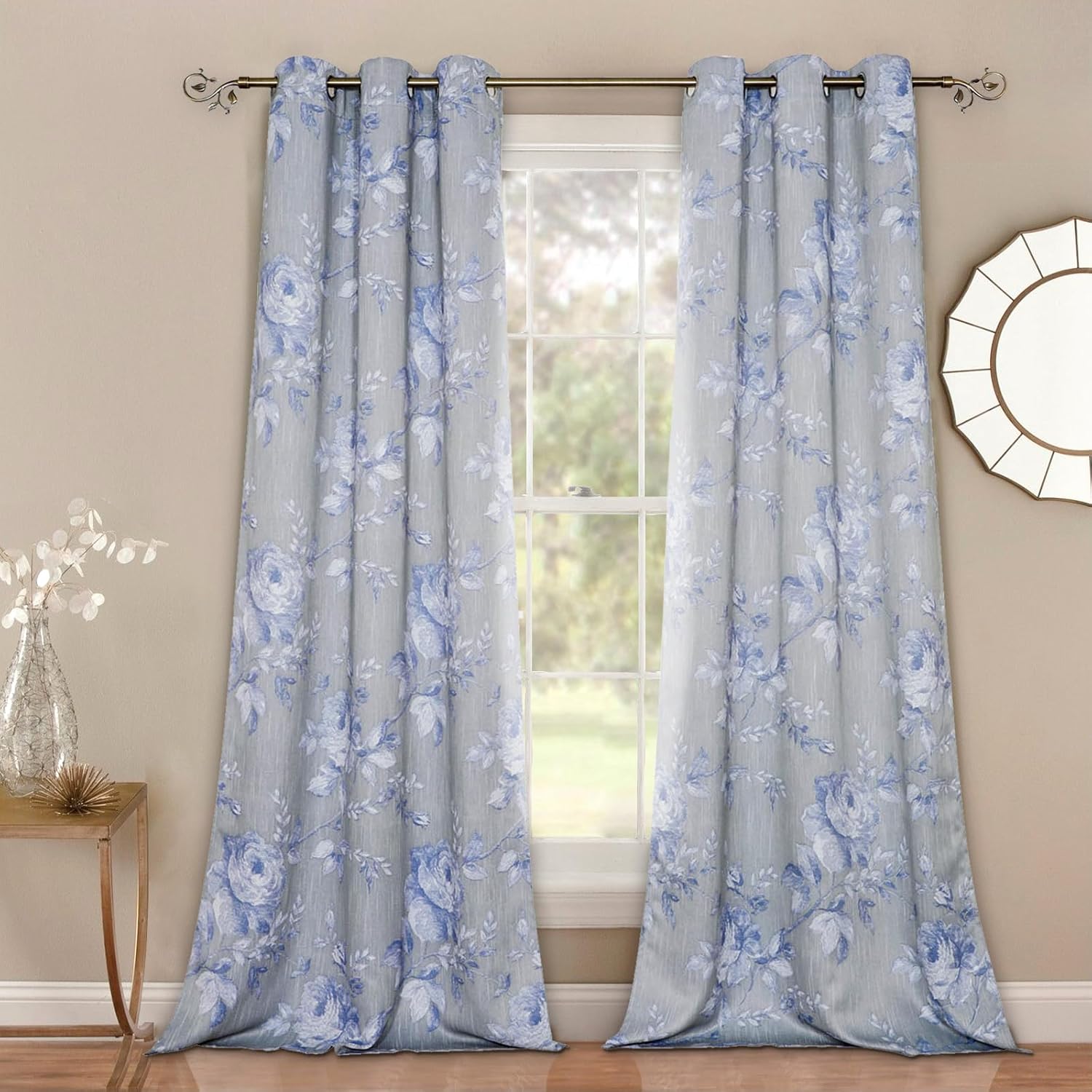 BUHUA Long Curtains 95 Inch Length 2 Panels Set Floral Curtains for Bedroom Living Room, Farmhouse Blackout Curtains for Sliding Door, 38" W x 95" L, Gray and Blue