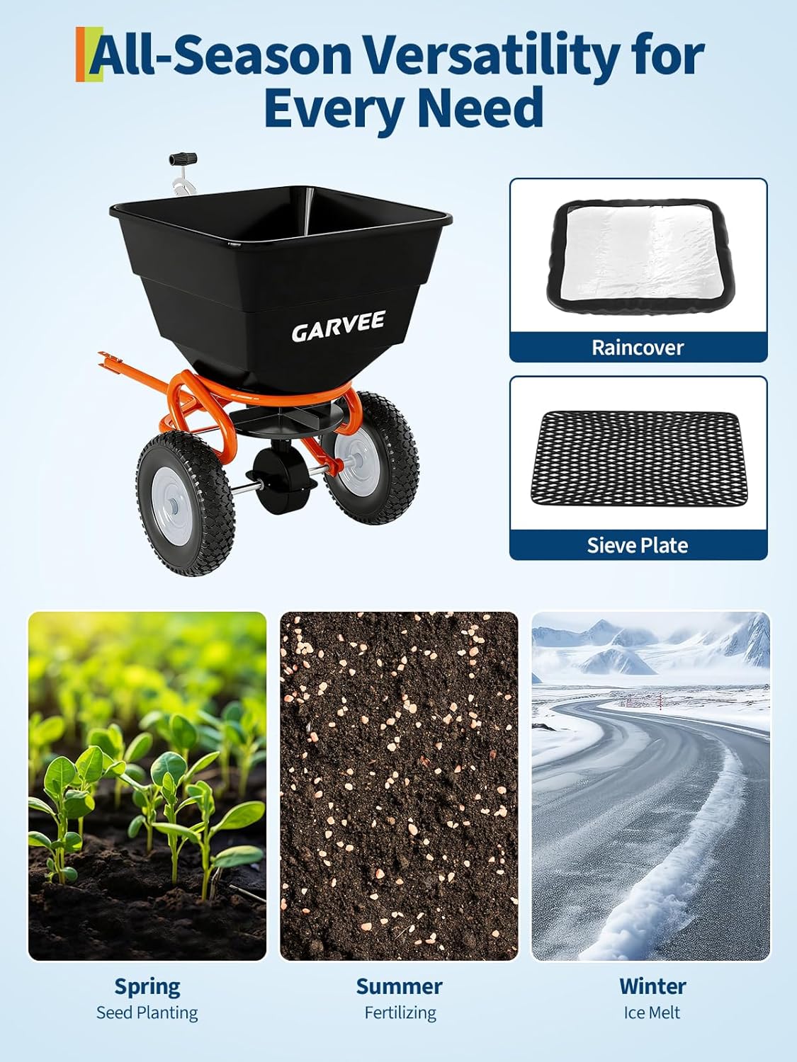 Tow-Behind Broadcast Spreader, 130 Lbs Capacity Pull Lawn & Garden Broadcast Spreader with 10" Tires and Adjustable Flow Control for Fertilizer, Seed, Salt and Ice Melt for ATV, Tractor(Black+Orange)