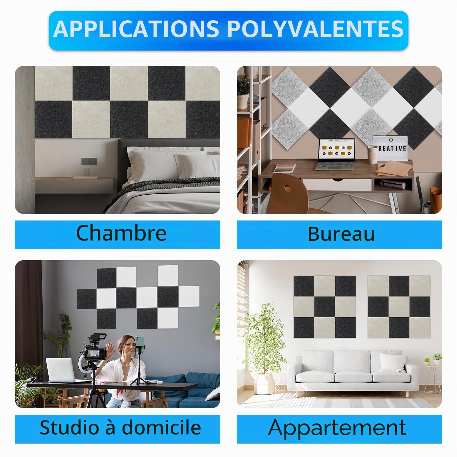 BXI Lot de 12 panneaux acoustiques épais - 30 x 30 x 1,2 cm - Réduction du bruit d'écho - Pour mur et plafond - Traitement acoustique - Blanc