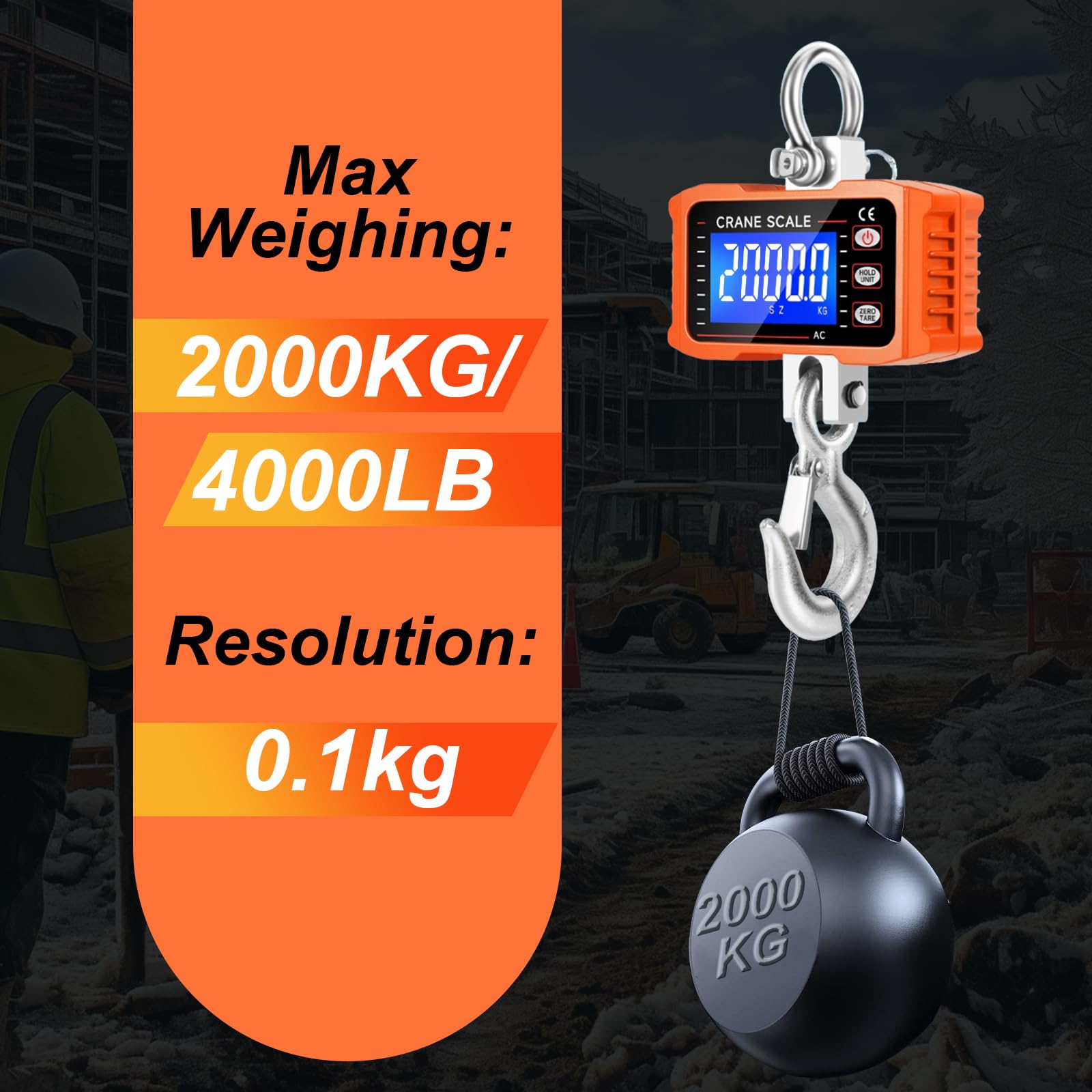Digitale Kranwaage 2000kg 4400 lbs, Schwere Industrie Hängende Waage mit Fernbedienung & LCD-Display, Wiederaufladbare, Geeignet für Landwirtschaft, Fabriken und Baustellen (0.1 kg Präzisem Sensor)