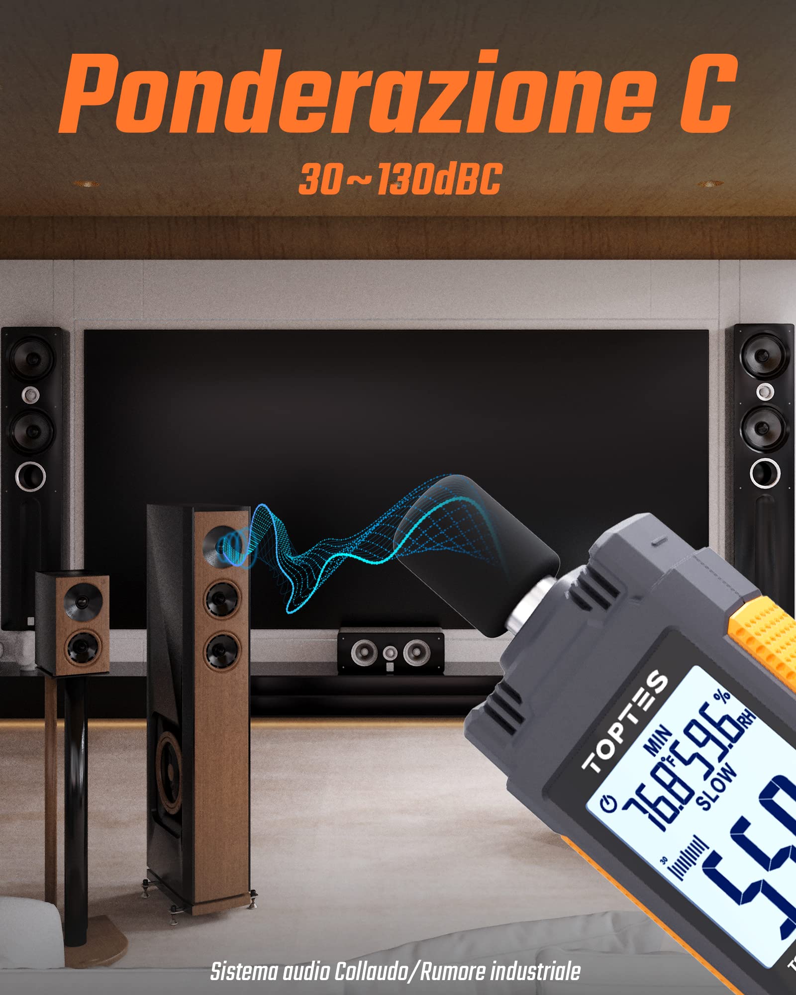 Fonometro, TopTes TS-501B Misuratore di decibel con schermo LCD retroilluminato da 2,25", ponderato A/C, intervallo 30-130 dB, valori MAX/MIN, uso domestico in fabbrica vicino al rumore - Arancione