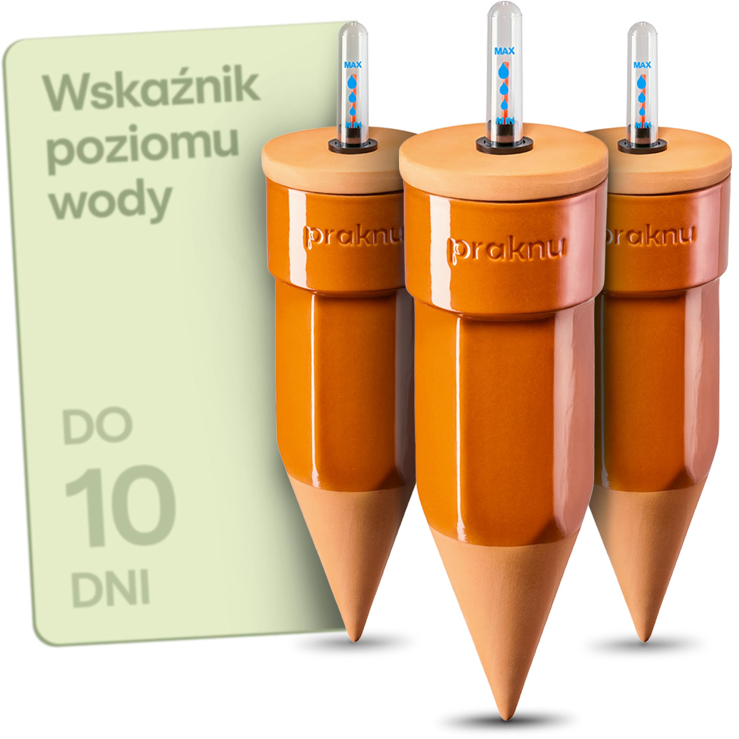 Praknu 3 x Stożki Gliniane do Nawadniania z Pokrywką i Wskaźnikiem Poziomu Wody – do 10 Dni Automatycznego Podlewania – Łatwe Czyszczenie – Dozownik Wody na Czas Urlopu | Łatwe czyszczenie, automatycznie zasila rośliny pokojowe na urlopie, do użytku w pom