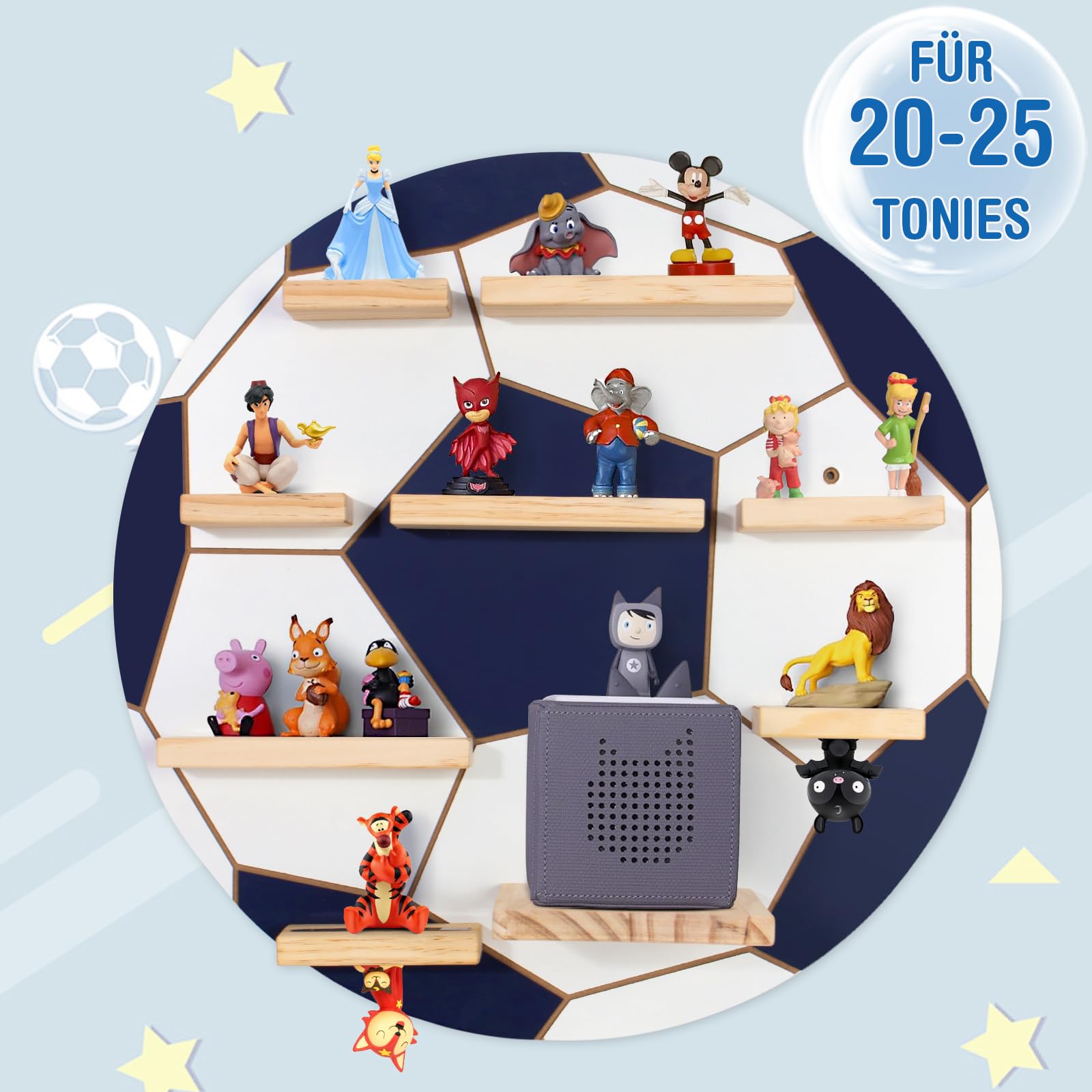Todeco Tonie-Regal für Toniebox Hörfiguren, Magnetische Aufbewahrung für 20-25 Tonie, Wandregal Kinderregal für Mädchen & Jungen, Fußball
