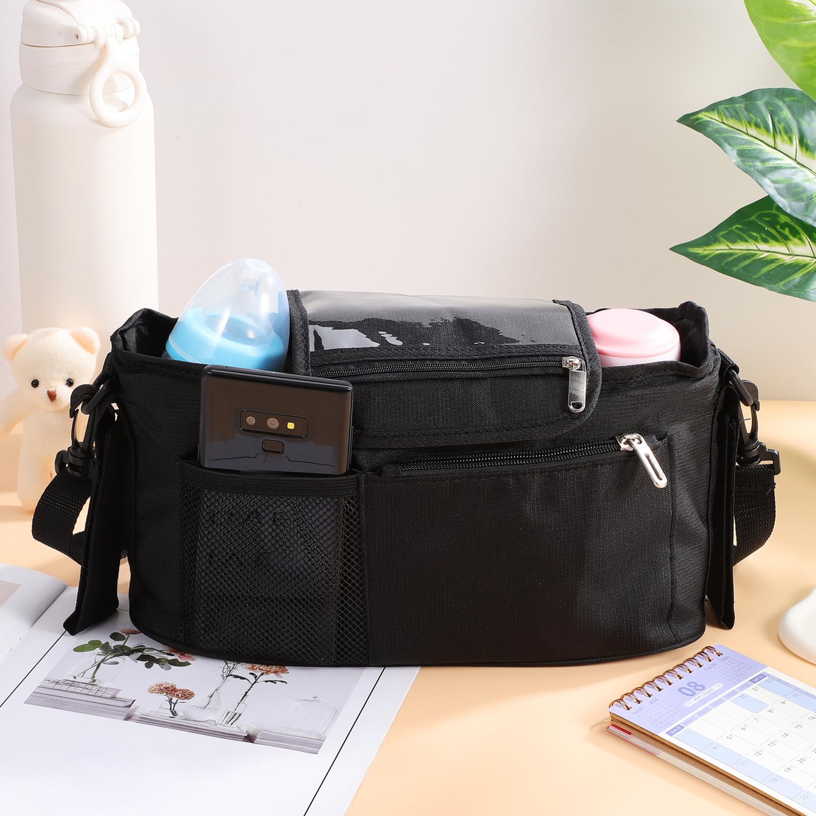 Organizzatore per Passeggino Nero, Grande Capienza | Tessuto Oxford Resistente, Tasche Interne, Manici e Tracolla, Stile Moderno e Linee Pulite
