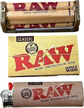 Raw Single Wide Rolling Papers +70mm Rolling Machine + Raw Classic Bic Lighter + RSV Scoop Card