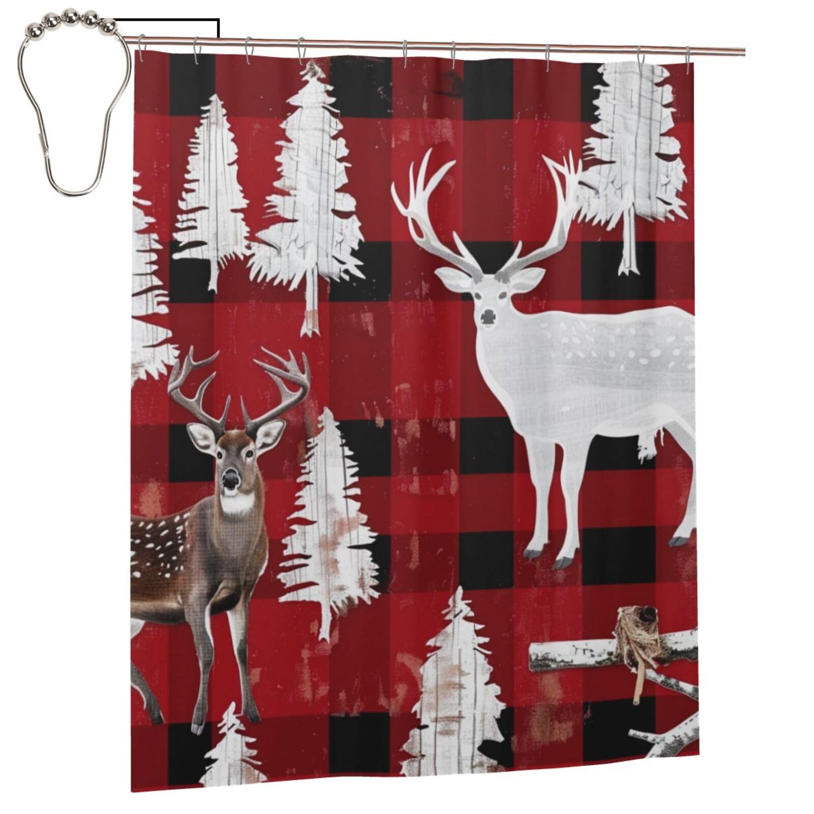 BWWHCCTI Cow deer tree christmas Printed Shower Curtain With 12 Iron Hooks Opaque Quick Drying Waterproof Shower Curtains Sets For Bathroom 152x183 Cm