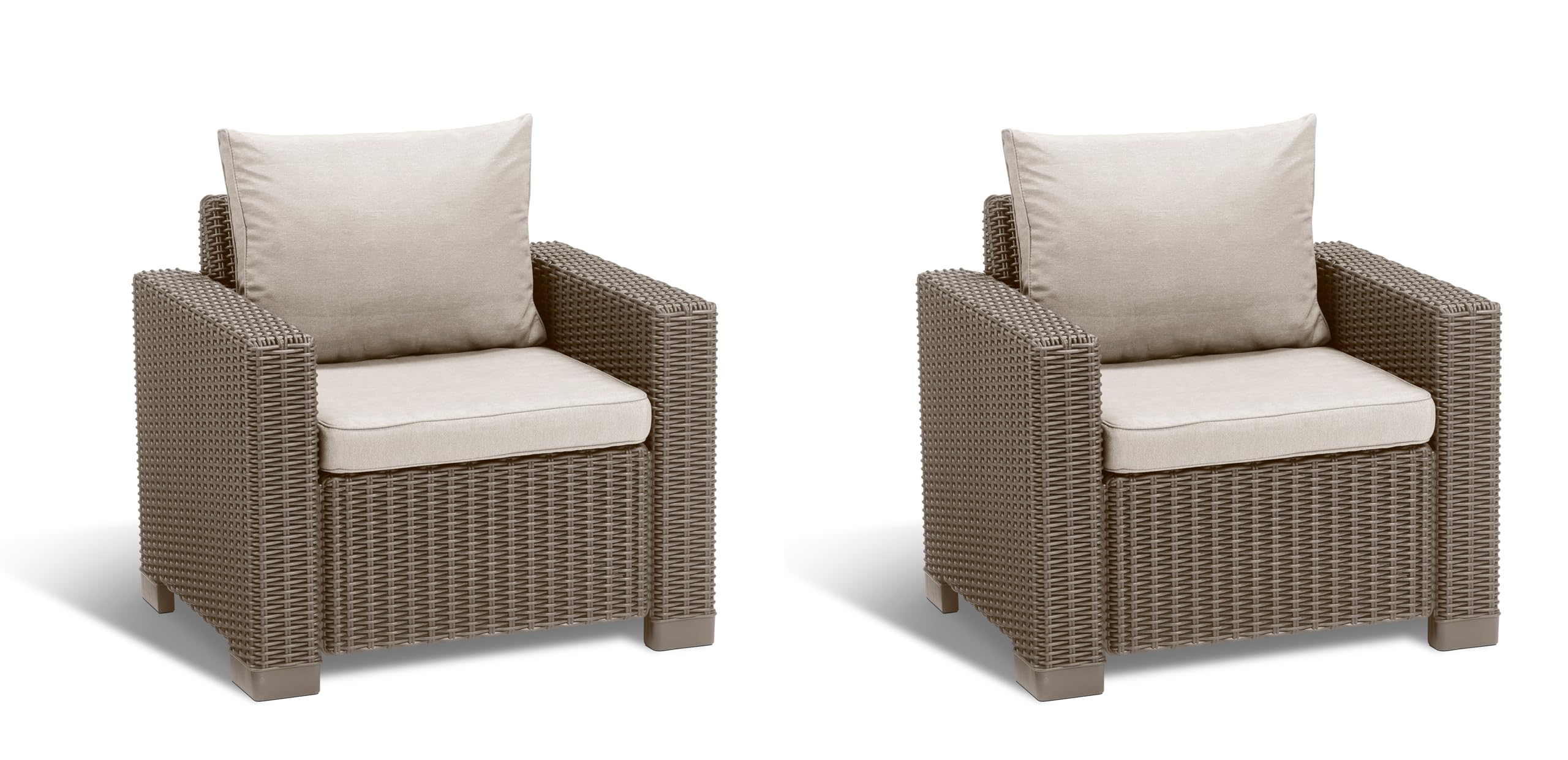 Keter Set di Due Poltrone da Giardino California, Dotate di Cuscini su Seduta e Schienale, 83x68x71,5 H, Realizzata con Caratteristica Finitura Intrecciata, Colore Cappuccino