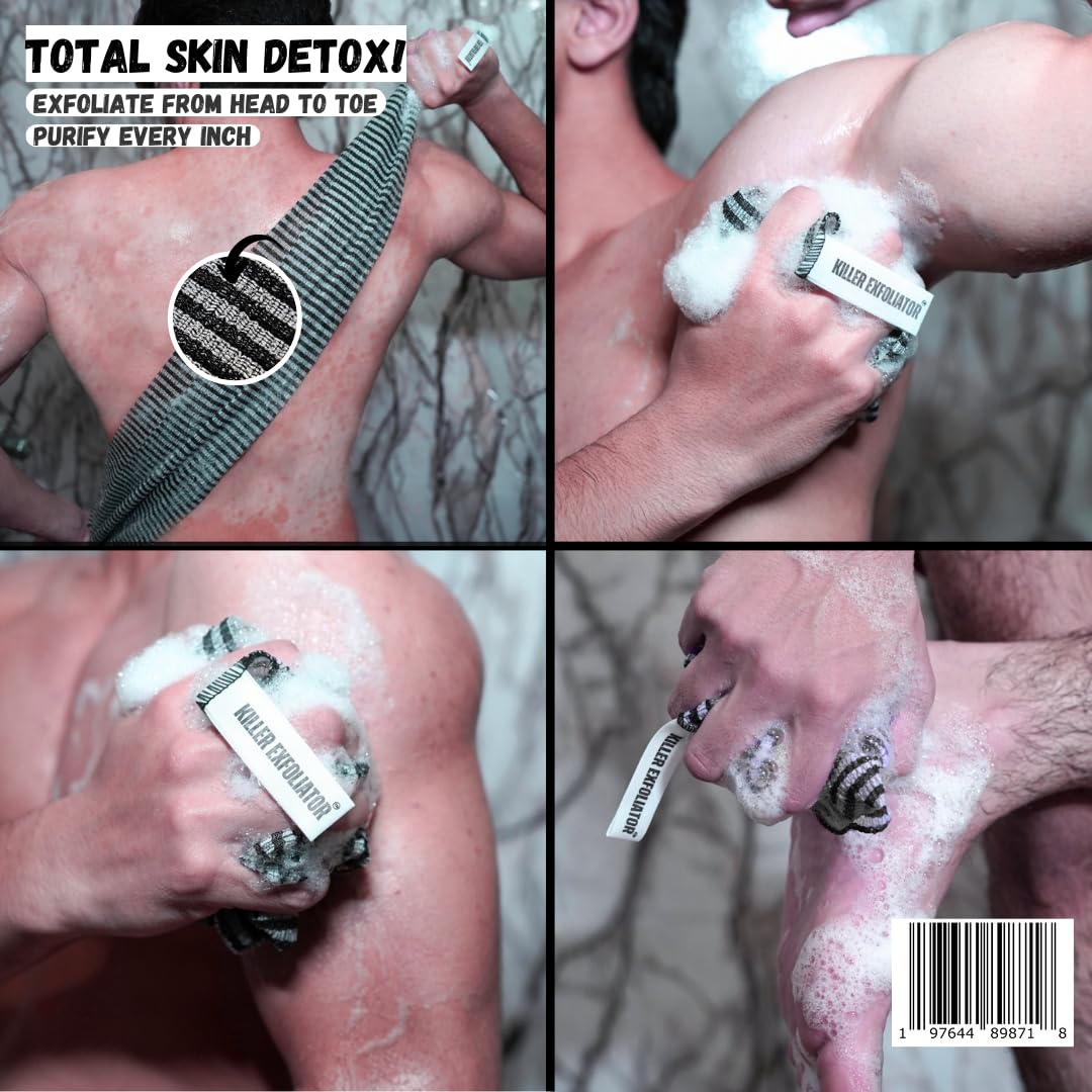 Exfoliante corporal japonés extra áspero de alta calidad: exfoliante corporal extralargo, higiénico, para hombres y mujeres, paquete de 4 unidades (negro, azul, morado y rosa)