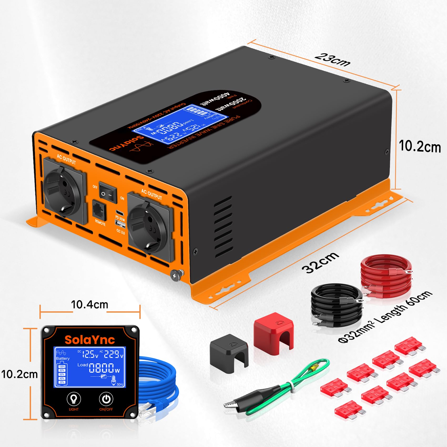 Inverter 2000W/4000W 12V 220/230V Onda Sinusoidale Pura,2 EU Presa,Porta Type-C da 30W e porta USB, telecomando LCD schermo LCD,Adatto per Elettrodomestici, Camper Campeggio