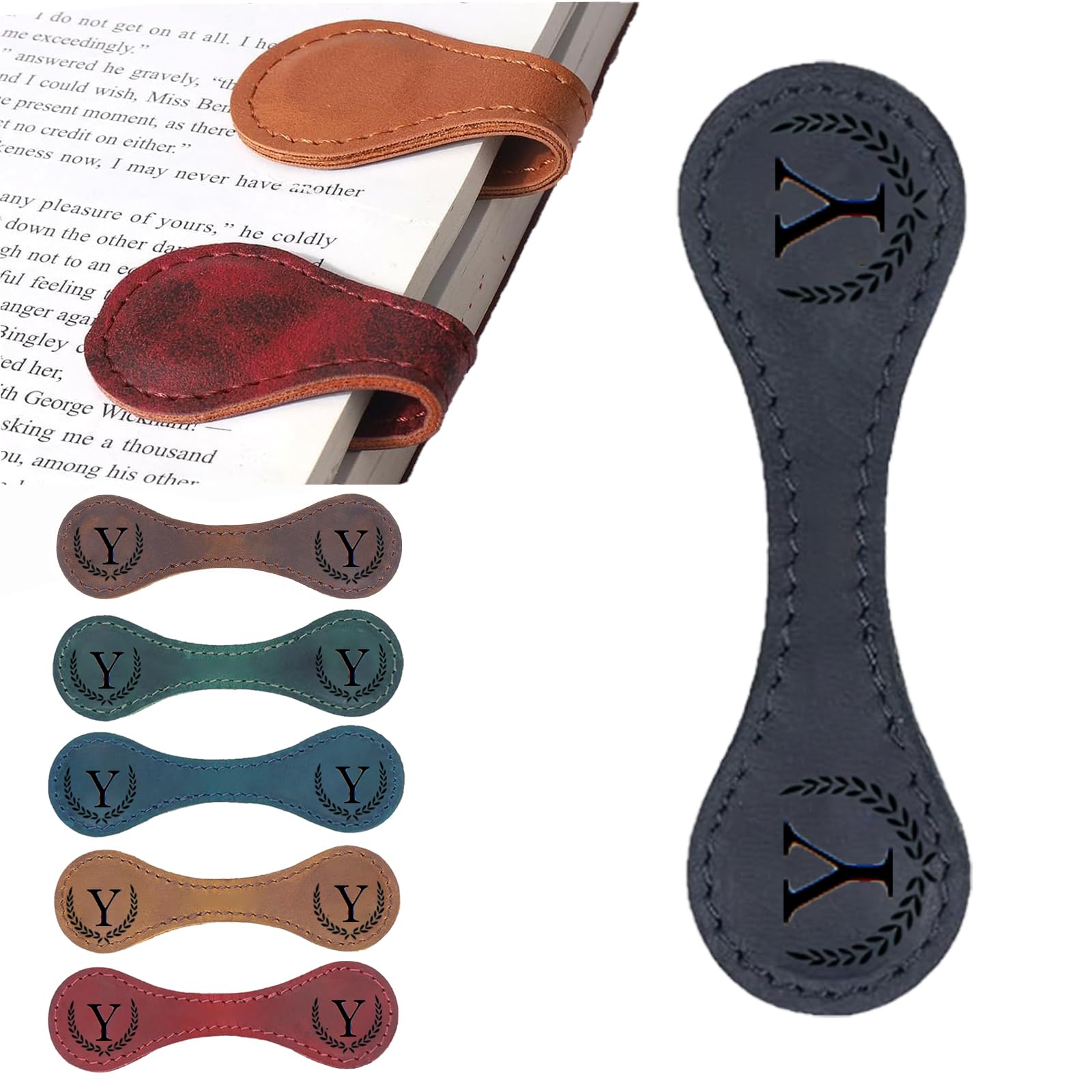 Magnetisches Leder-Lesezeichen, 26 Buchstaben, handgefertigt, magnetisches Lesezeichen für Buchliebhaber, Leser, Damen, Kinder (Schwarz, Y)