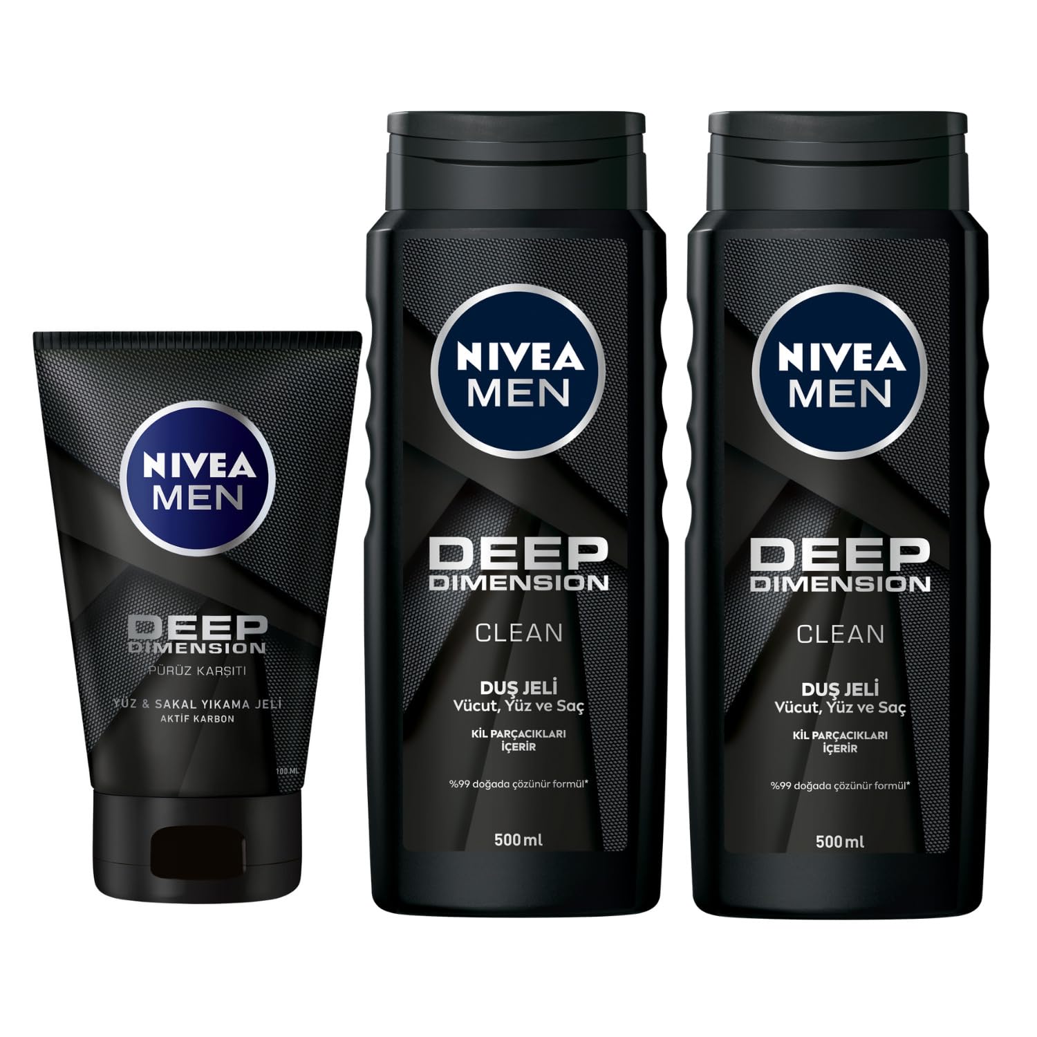 NIVEA Men Deep Dimension Yüz ve Sakal Temizleme Jeli 100 ml + NIVEA Men Deep Dimension Duş Jeli 500 ml X2