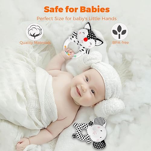 Miniatura 5 de Sonajero para bebés de 0 a 3 meses, color blanco y negro, de alto contraste, sonajeros suaves para bebés de 0 a 6 meses, juguete de desarrollo