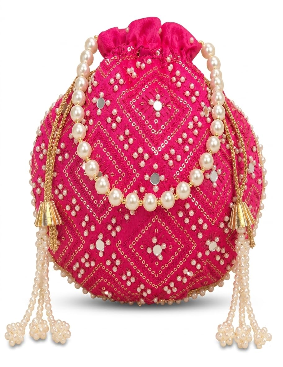 Potli Bag for Women Rani color, magenta pink, mirror work, white beads brick design fabric Matka Design Round Ethnic Dress Accessory Handbag 10 inch X 9 inch-image-43