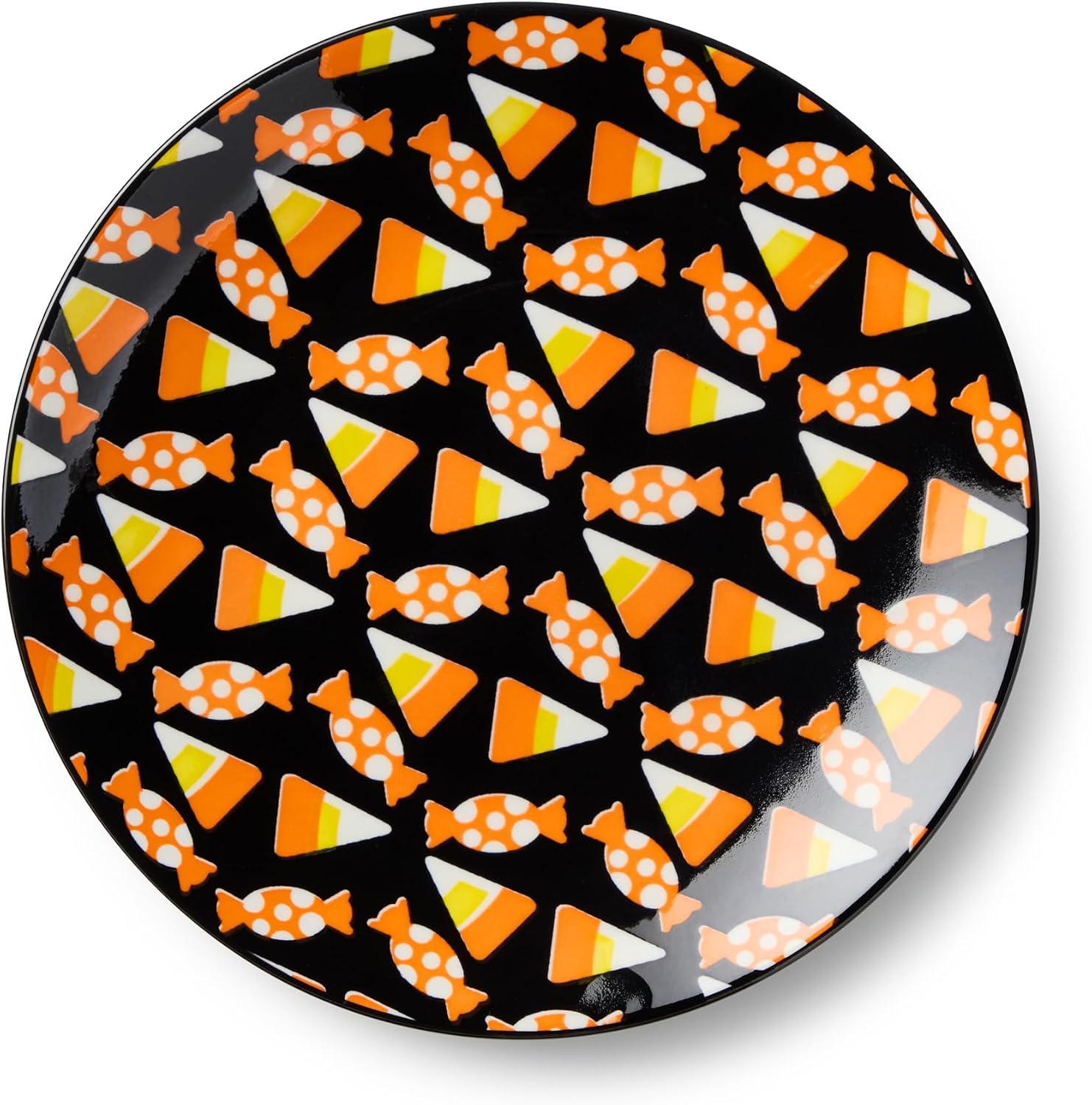 Halloween Pad Print SALAD/DESSERT PLATES, SET of 6 Assorted Designs — 8.75-inch porcelain plates in bold graphic Halloween patterns, bringing spooky-fun energy to every October gathering.