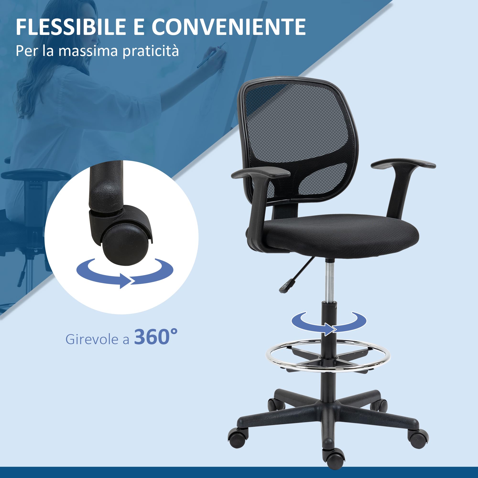 Vinsetto Sedia Ufficio ad Altezza Regolabile con Poggiapiedi Nero | Sedia Ergonomica, Ruote Girevoli, Braccioli, Seduta Imbottita in Gommapiuma, 64x57x110-132cm