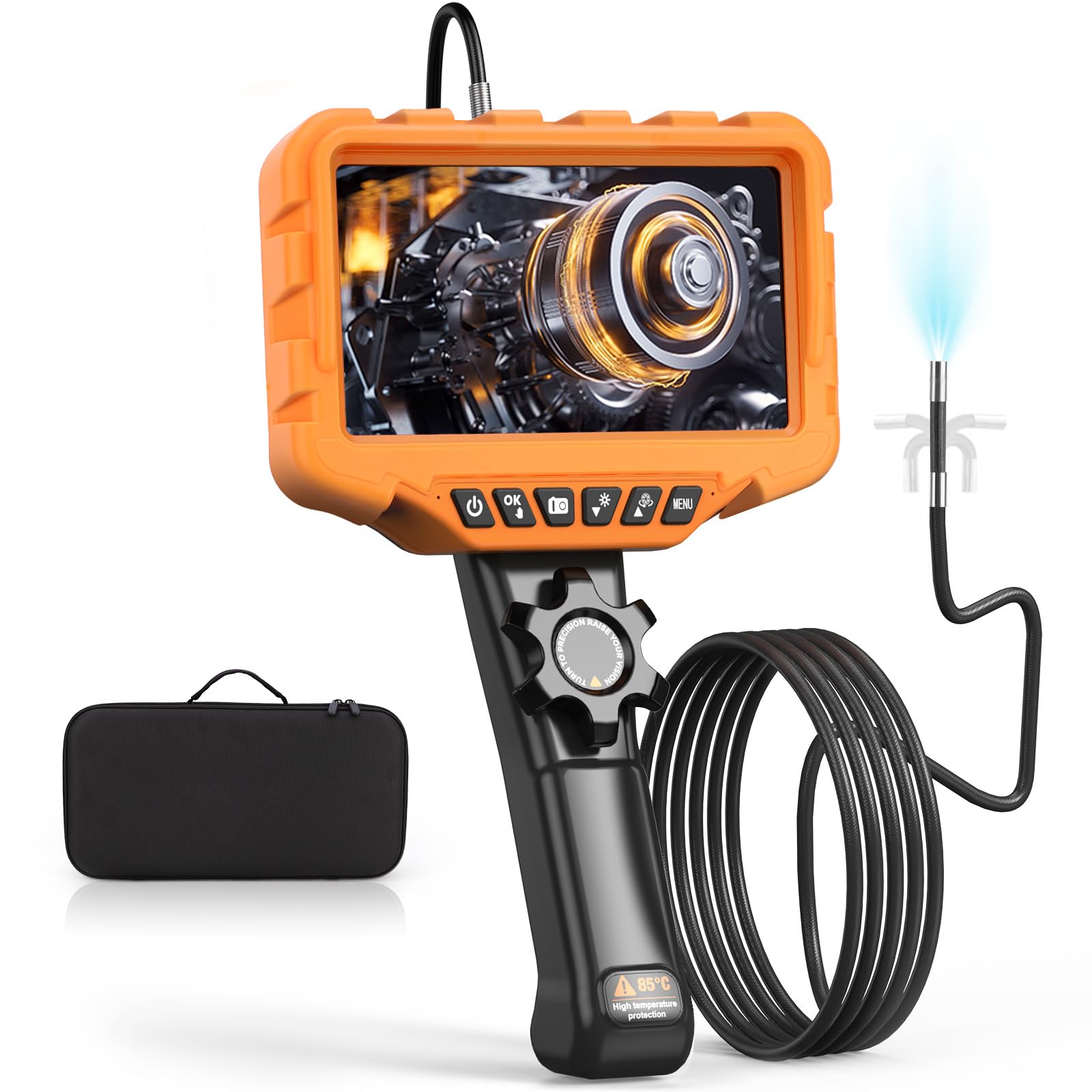 Endoscopio Cámara de Inspección, 7'' IPS HD 1080P Cámara Endoscópica con Control de Rueda, Rotación Bidireccional 210°, boroscopio Industrial de 6.5 mm-1,6M