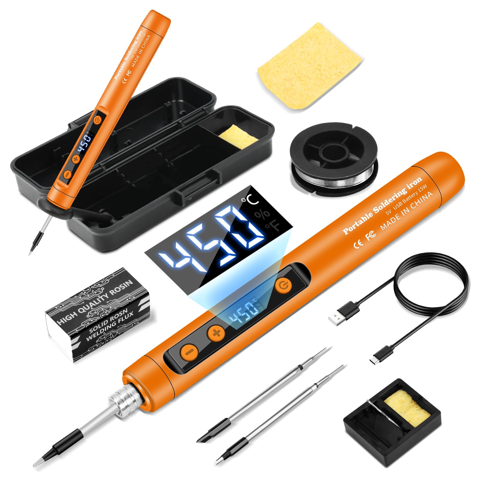 VOKTTA Cordless Soldering Iron Kit with LCD, Adjustable Temperatures 180-450°C, with 3 Soldering Tips, for Repairing Circuit Boards Welding Repair Etc-Orange