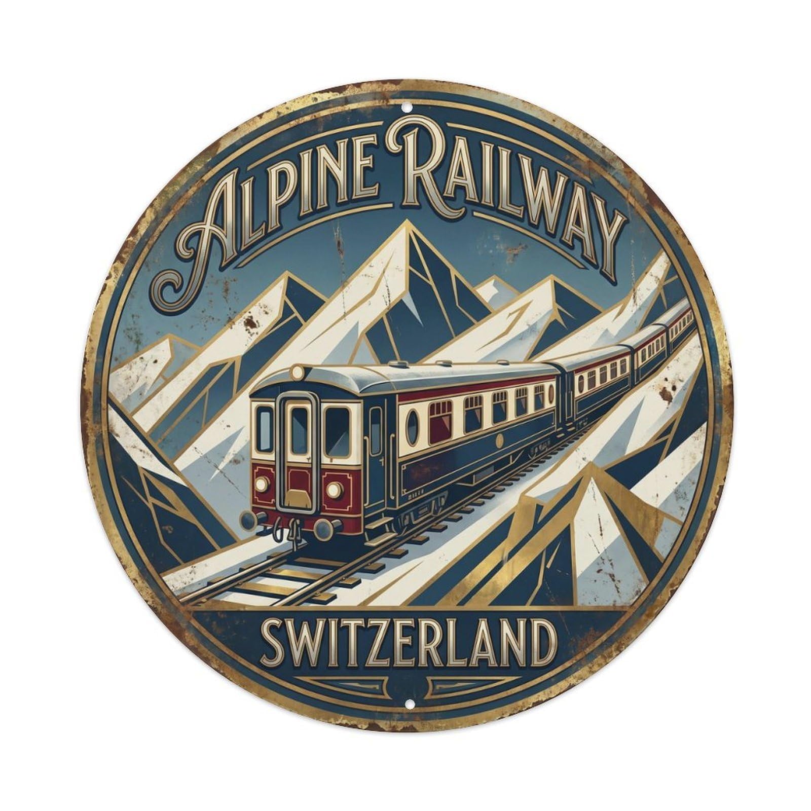 Vintage Travel Alpine Train Switzerland Metal Tin Sign