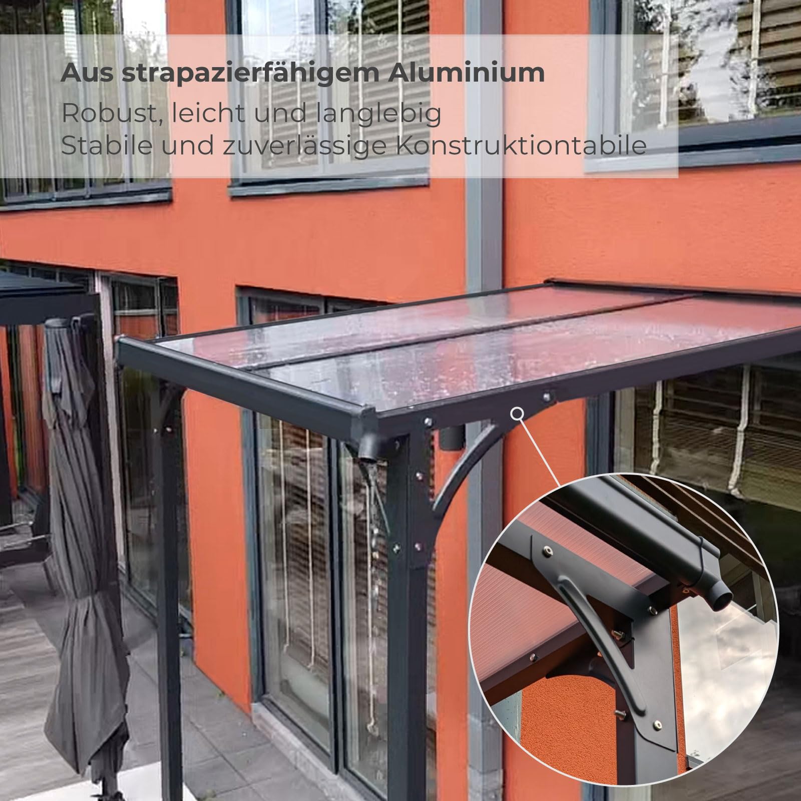 Haustürvordach Aluminium pulverbeschichtet transparentes Dach | Vordach Polycarbonat Überdachung Wasserführung 238 x 150 x 148/150 x 250/261 cm (H x B x T x H-hinten) anthrazit