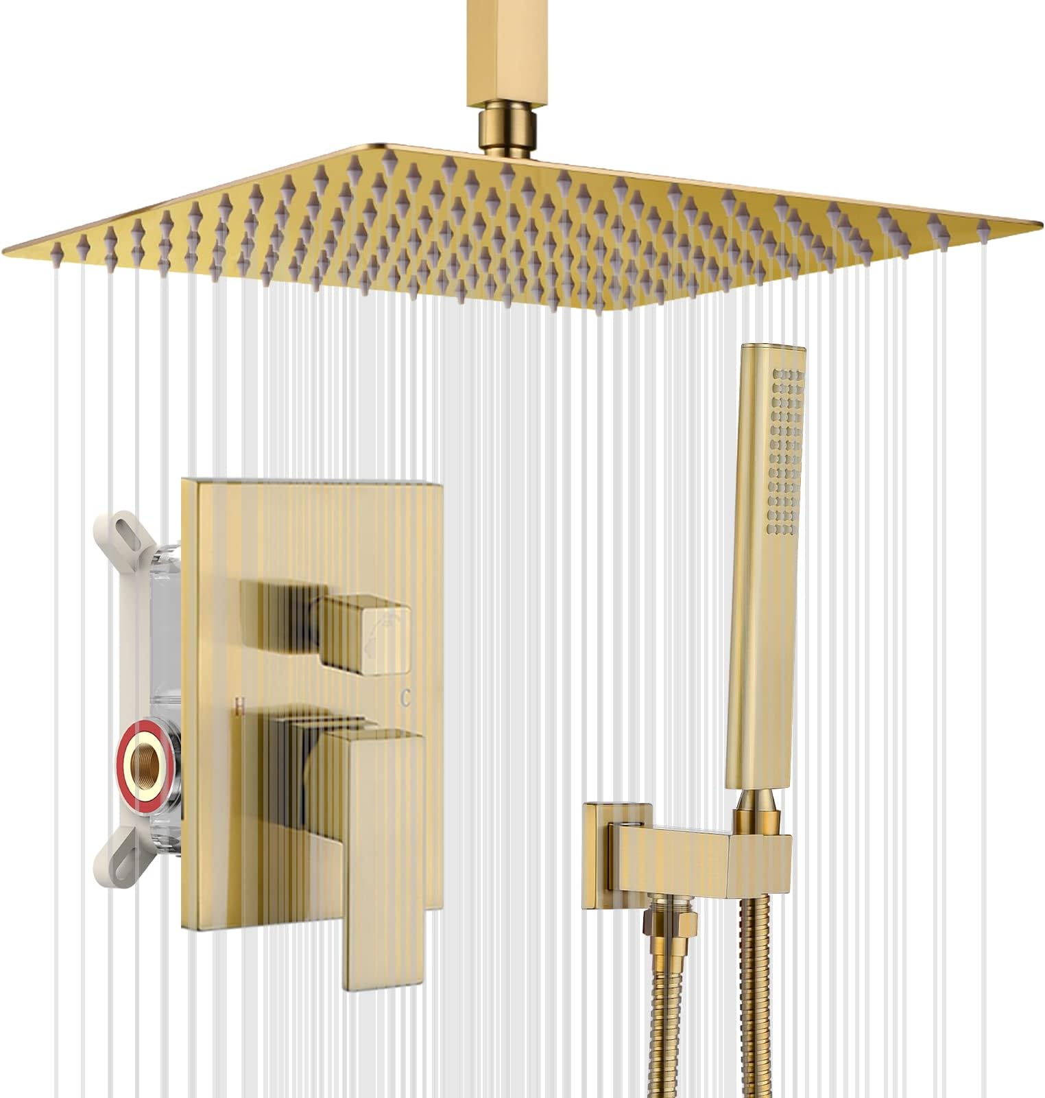 Champagne Bronze Ceiling Mount Rain Shower System with 12 Inch Shower Head and Handheld Bathroom Brushed Golden Shower Set Contain Shower Faucet Mixer and Brush Gold Trim Kit (Valve Included)