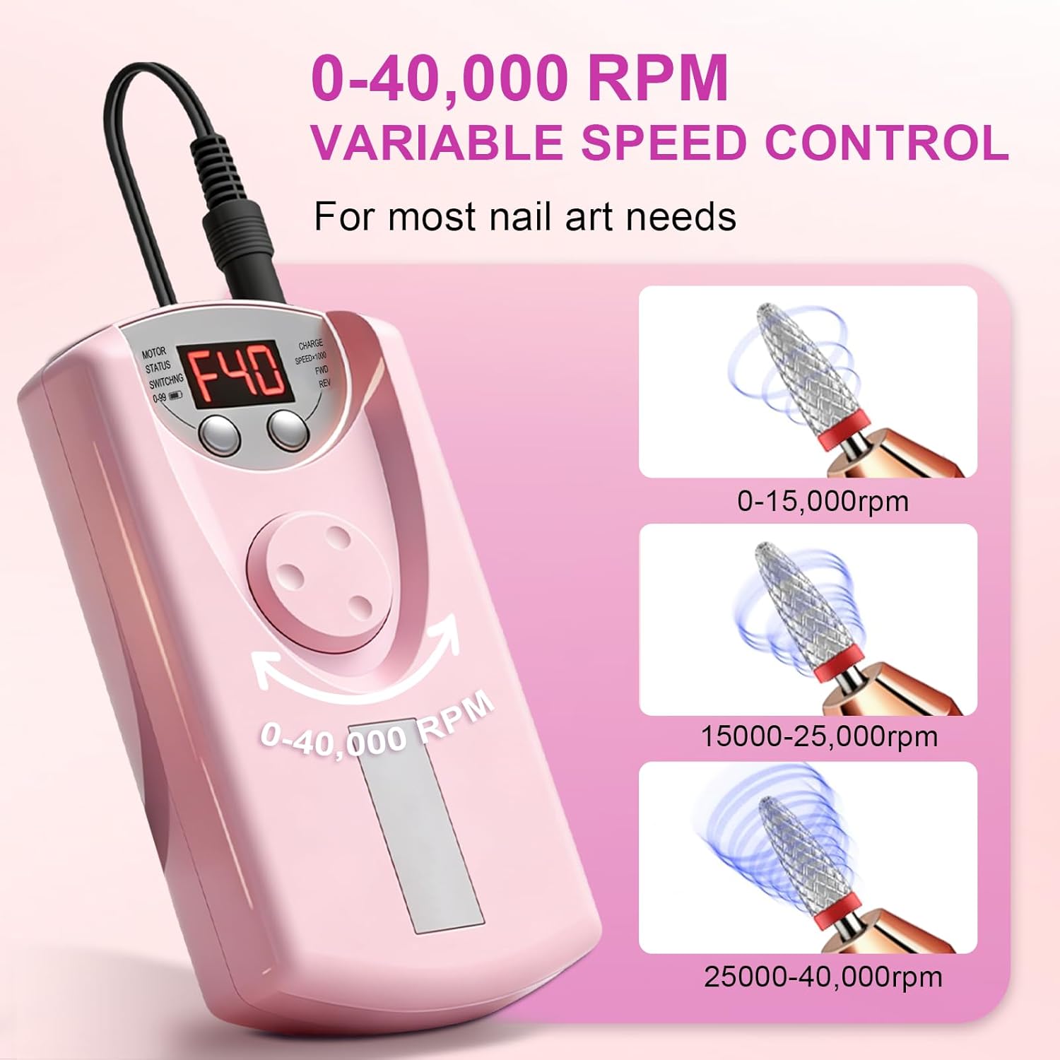 Professional Electric Nail Drill Kit 40000 RPM,Portable Nail Drill Electric File Cordless with 12 Drill Bits,Rechargeable Nail Drills Machine for Acrylic Gel Polishing Manicure at Home DIY Salon