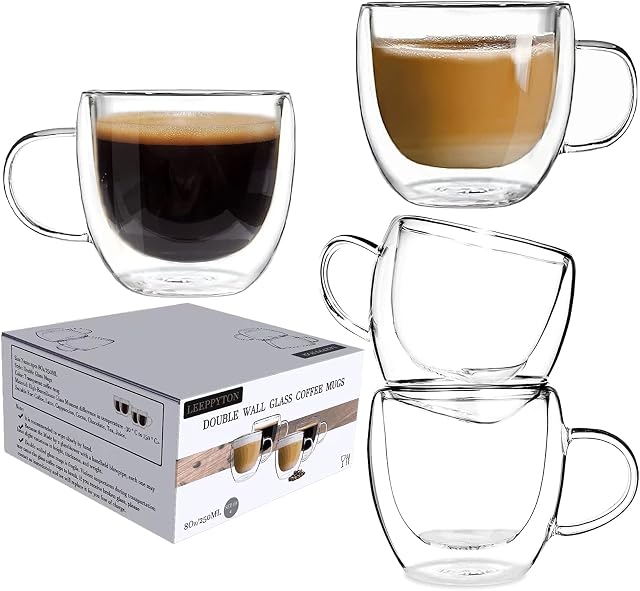 Set of 4 Double Walled Design Glass Tea Coffee Cup with Handles, Lightweight Insulated Double Walled Glasses Heat Resistant Cappuccino Latte Tea Drinking Thermo Mugs (250ml)