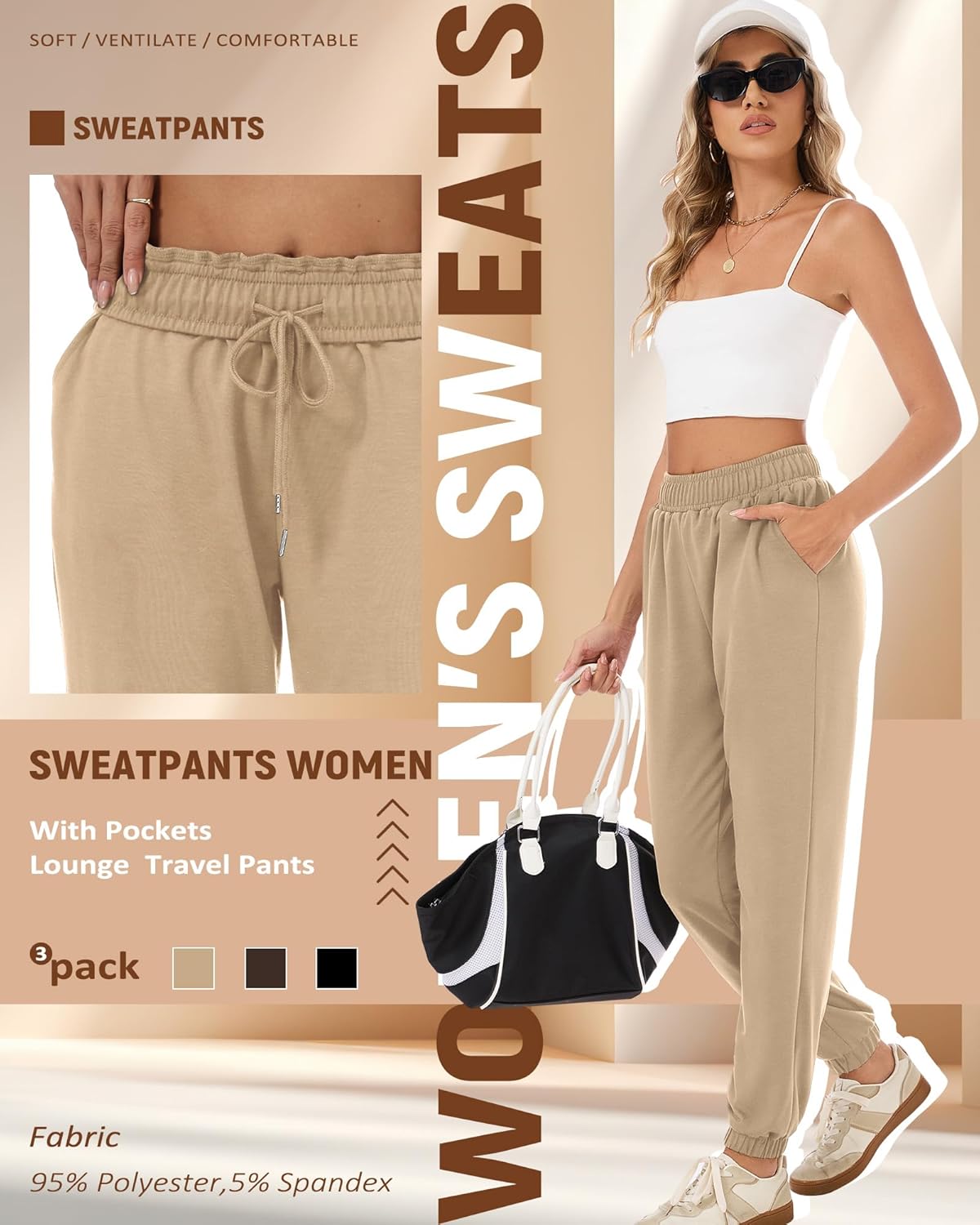 3 Pack Women's Joggers Sweatpants with Pockets, Elastic High Waisted Drawstring Baggy Lounge Trousers Yoga Workout - Image 4