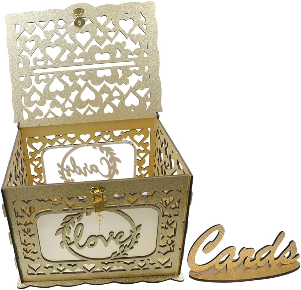 GLEAVI Wood Hollow Card Box with Glitter for Wedding Birthday Anniversary, Wooden Greeting Card Holder Container without Lights, Decorative Envelope and Message Collection Storage