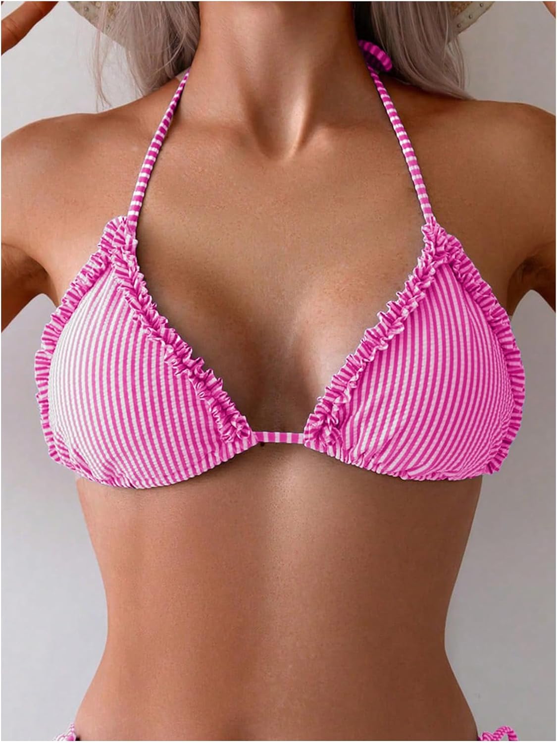 Verdusa Women's Striped Print Ruffle Trim Bikini Top Y2k Halter Triangle Backless Swimsuit Tops Small Pink